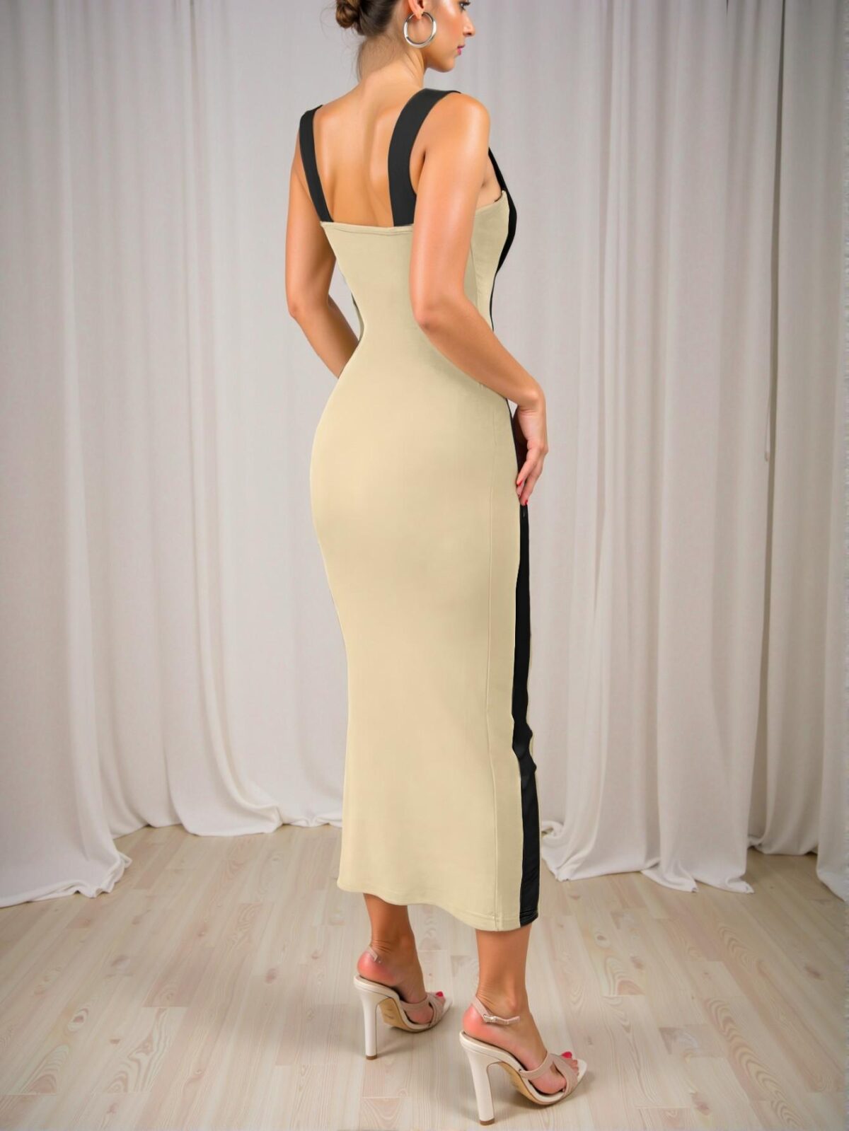 Elegant Khaki Chic Black & White Patchwork Mid-Length Strap Dress for Spring and Summer - Chic, Classy and Trendy Fashion Style to Dress to Impress - Image 2