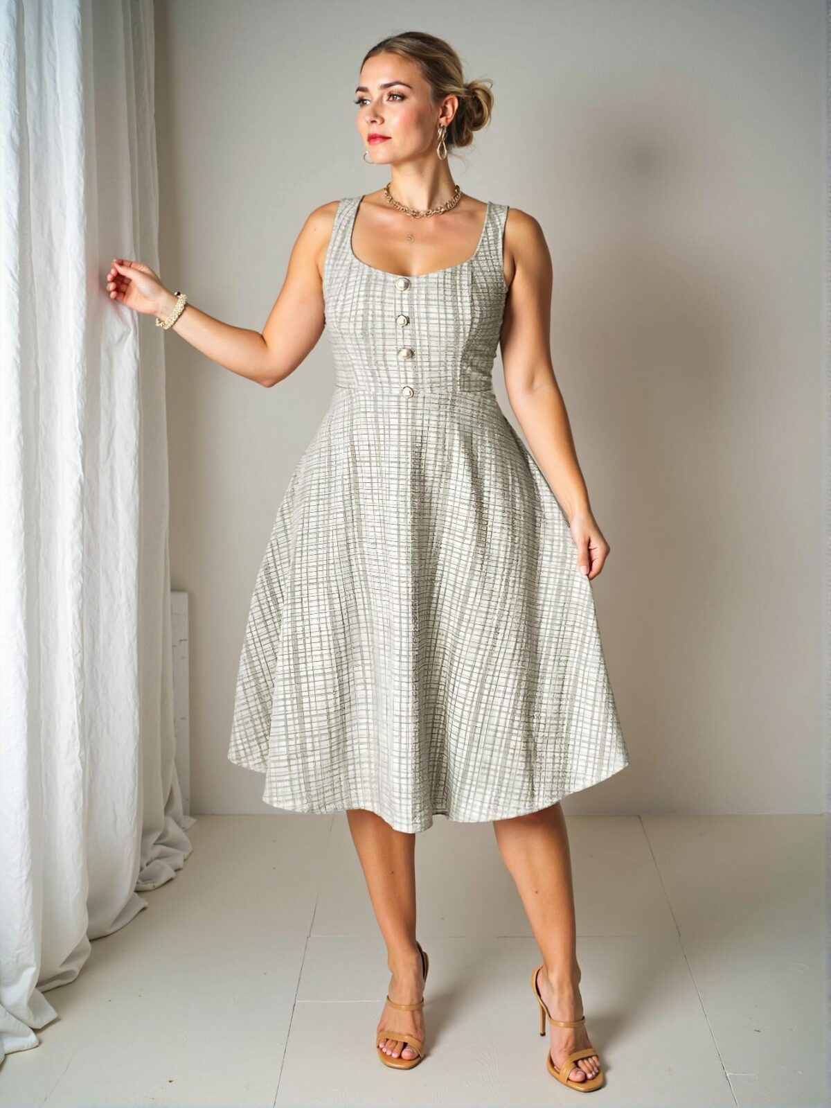 Elegant Coffee Brown A-Line Dress with Faux Pearl Button Details for Chic, Classy, and Trendy Fashion Style to Dress to Impress - Image 3