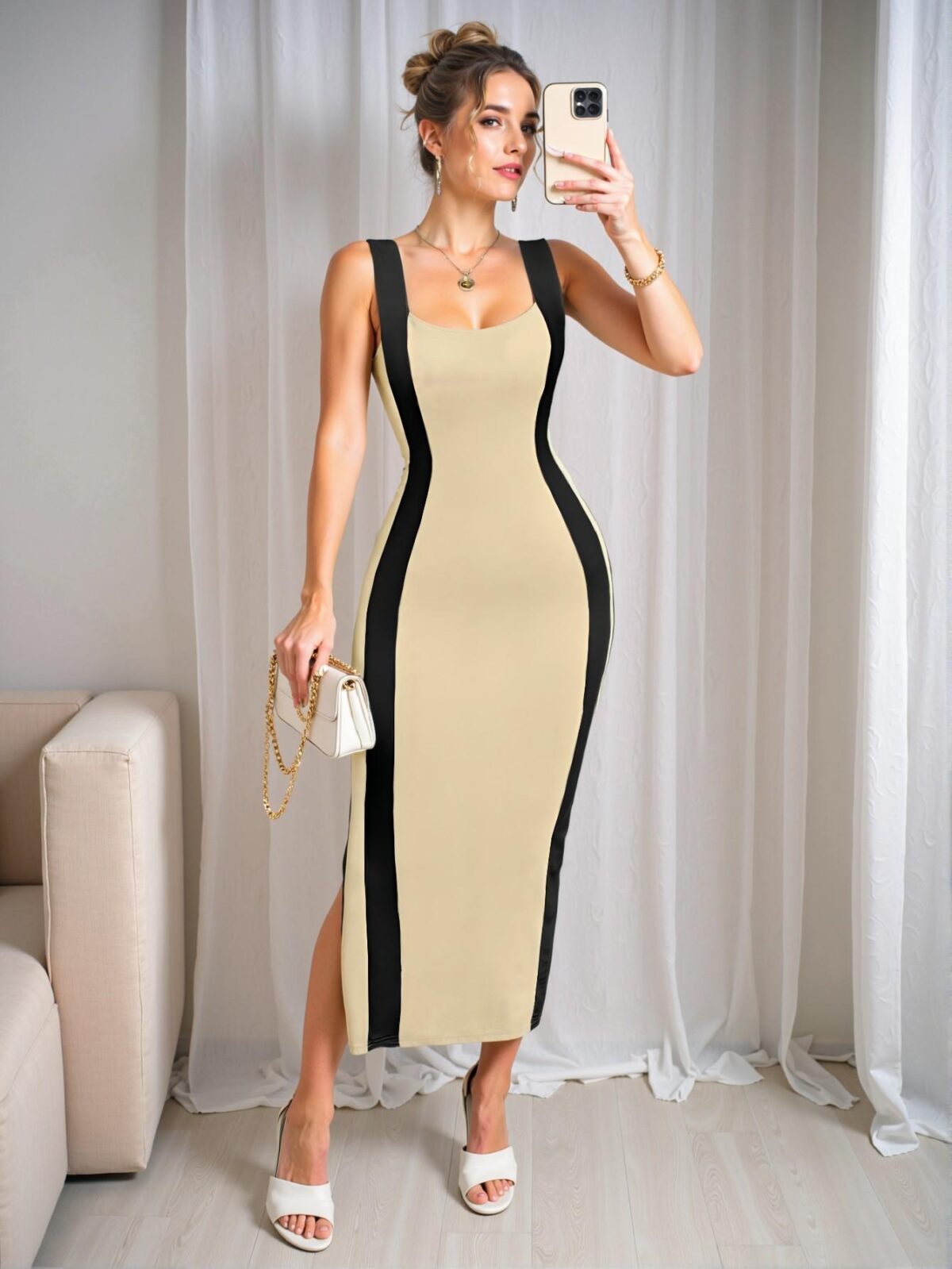 Elegant Khaki Chic Black & White Patchwork Mid-Length Strap Dress for Spring and Summer - Chic, Classy and Trendy Fashion Style to Dress to Impress - Image 5