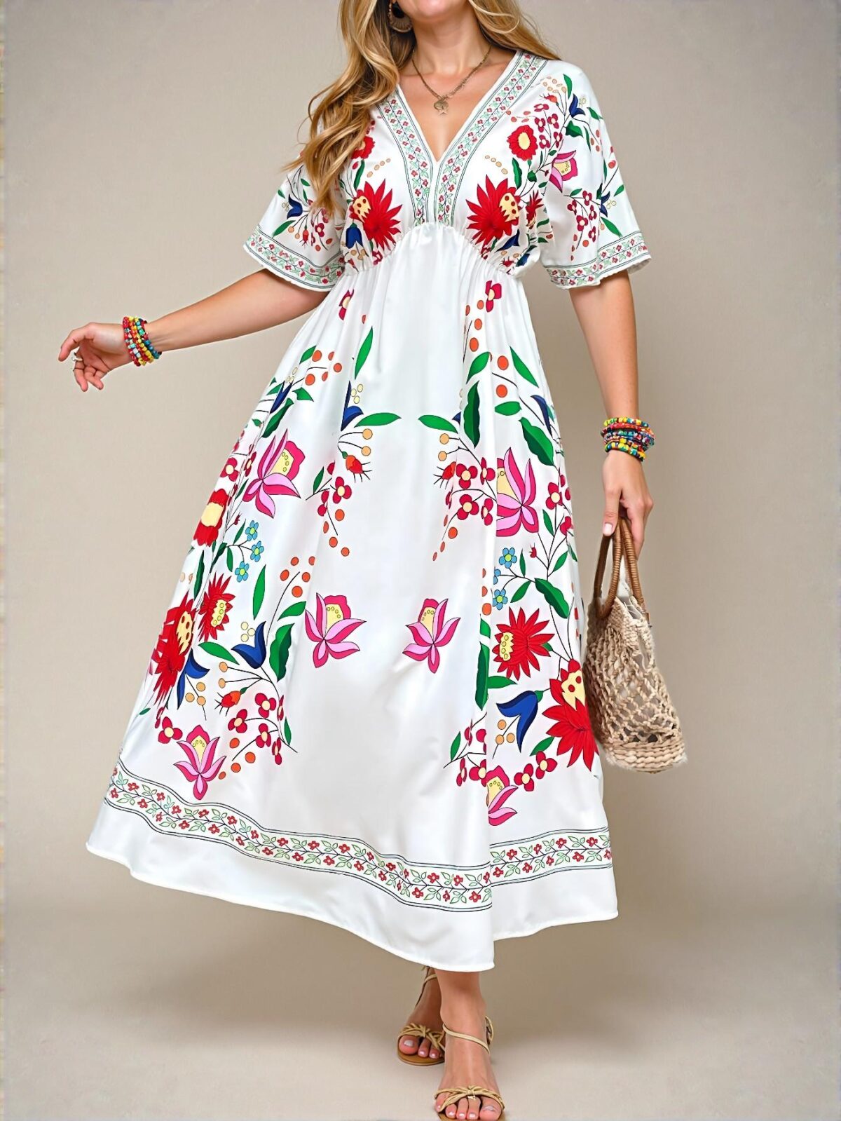 Elegant White Floral Printed Long Dress, Romantic Bohemian Style for Beach Vacations, Holidays, and City Breaks - Chic, Classy and Trendy Fashion Style to Dress to Impress