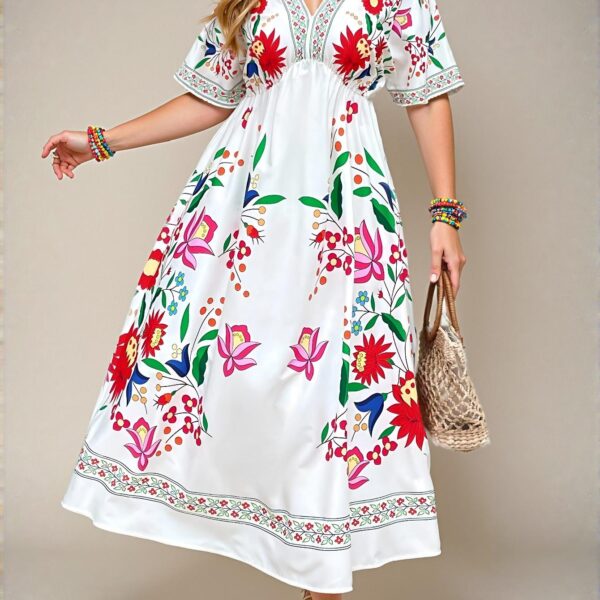 Elegant White Floral Printed Long Dress, Romantic Bohemian Style for Beach Vacations, Holidays, and City Breaks - Chic, Classy and Trendy Fashion Style to Dress to Impress