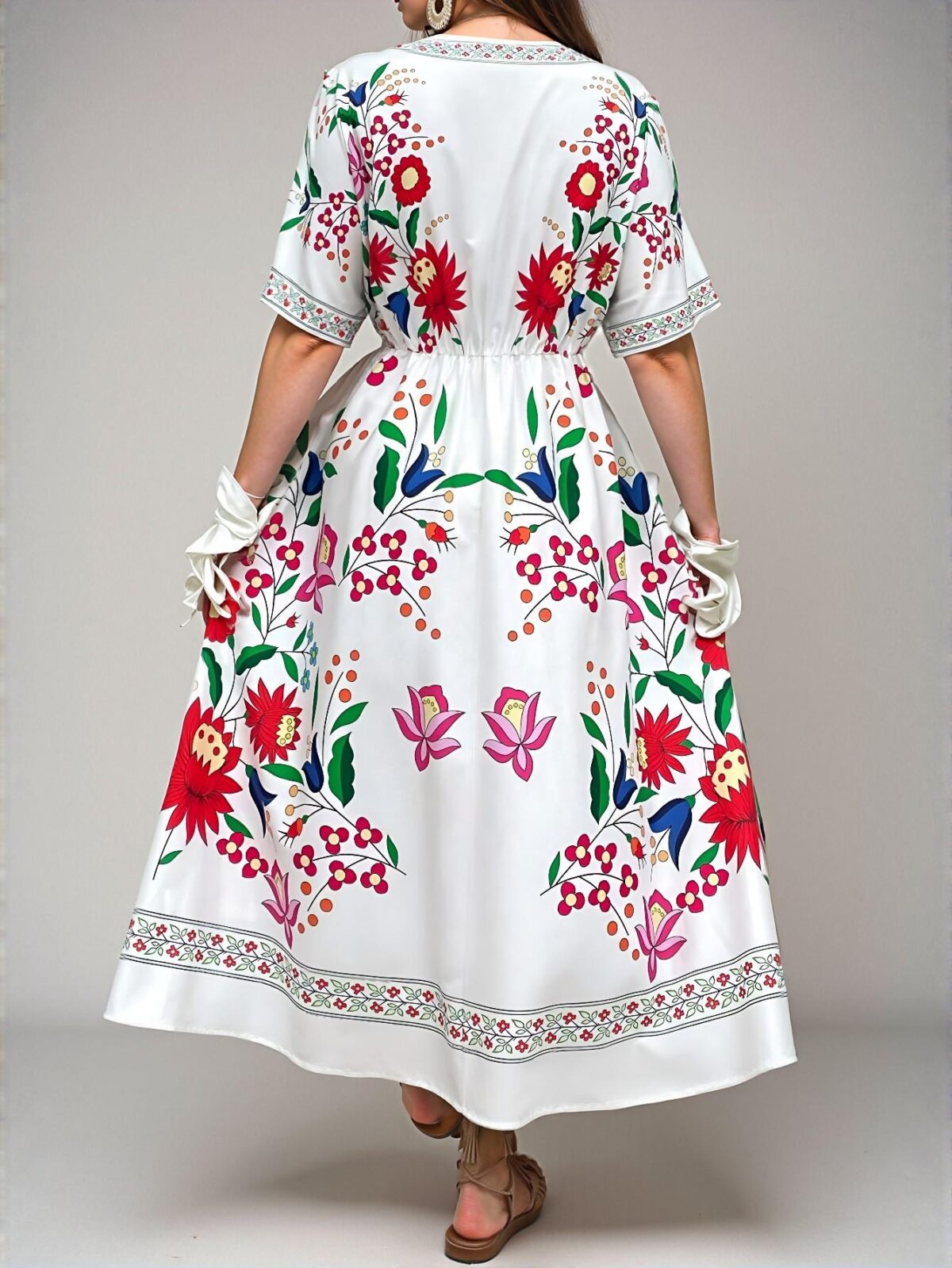 Elegant White Floral Printed Long Dress, Romantic Bohemian Style for Beach Vacations, Holidays, and City Breaks - Chic, Classy and Trendy Fashion Style to Dress to Impress - Image 2