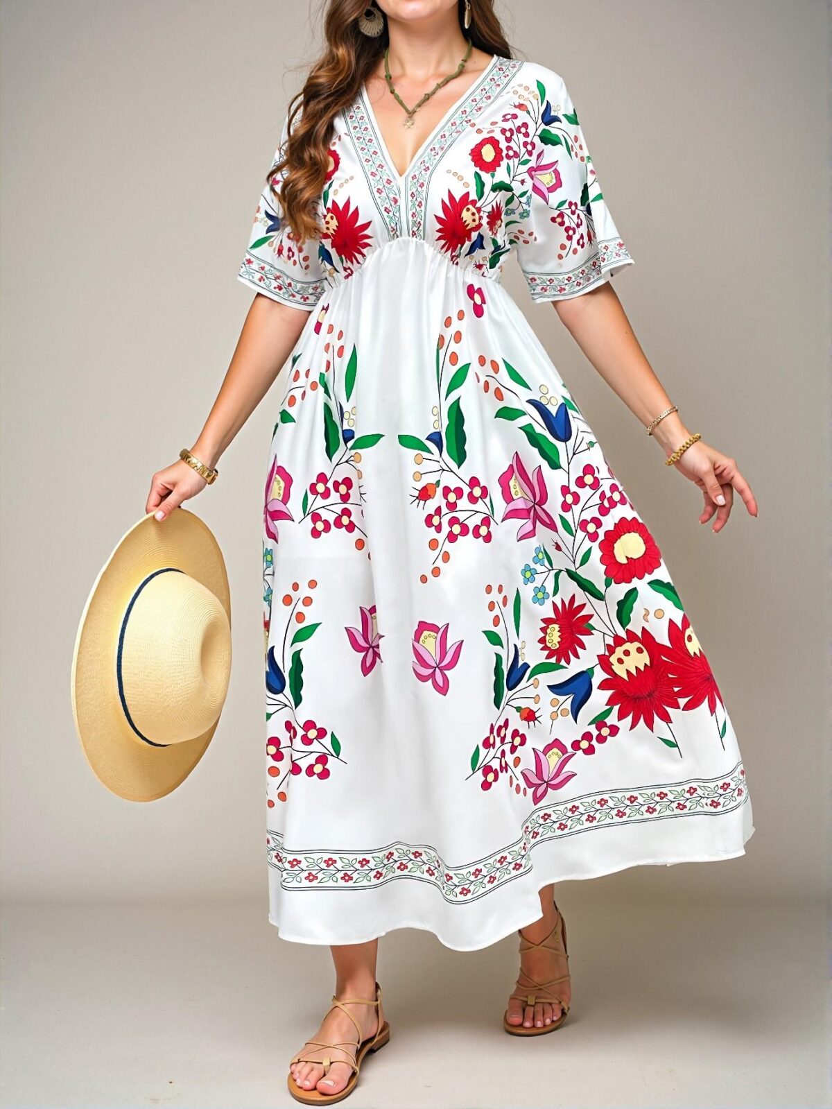 Elegant White Floral Printed Long Dress, Romantic Bohemian Style for Beach Vacations, Holidays, and City Breaks - Chic, Classy and Trendy Fashion Style to Dress to Impress - Image 3