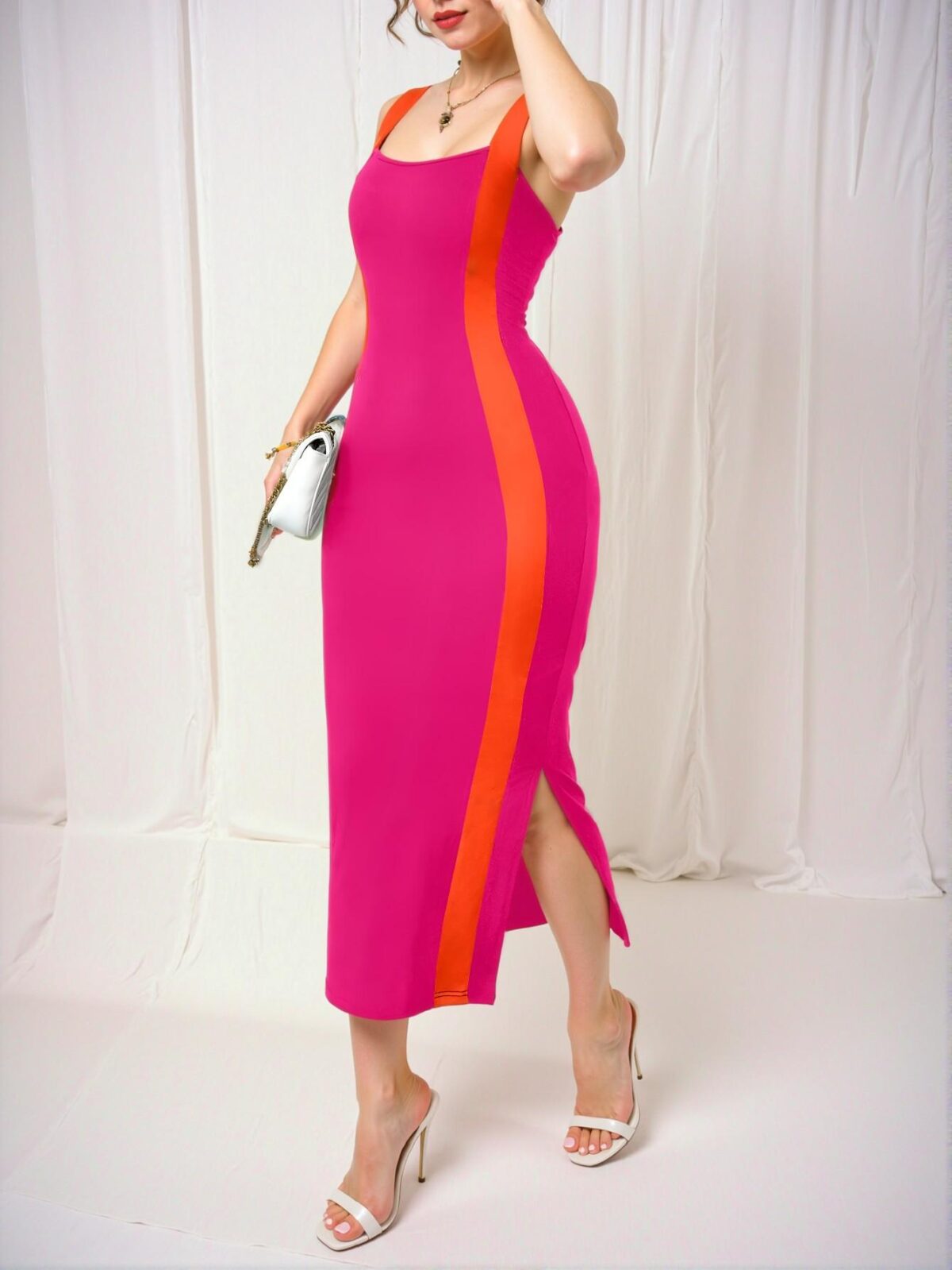 Elegant Multicolor Chic Black & White Patchwork Midi Camisole Dress for Stylish Spring and Summer Outings - A Fashionable Choice for Classy Occasions - Image 3