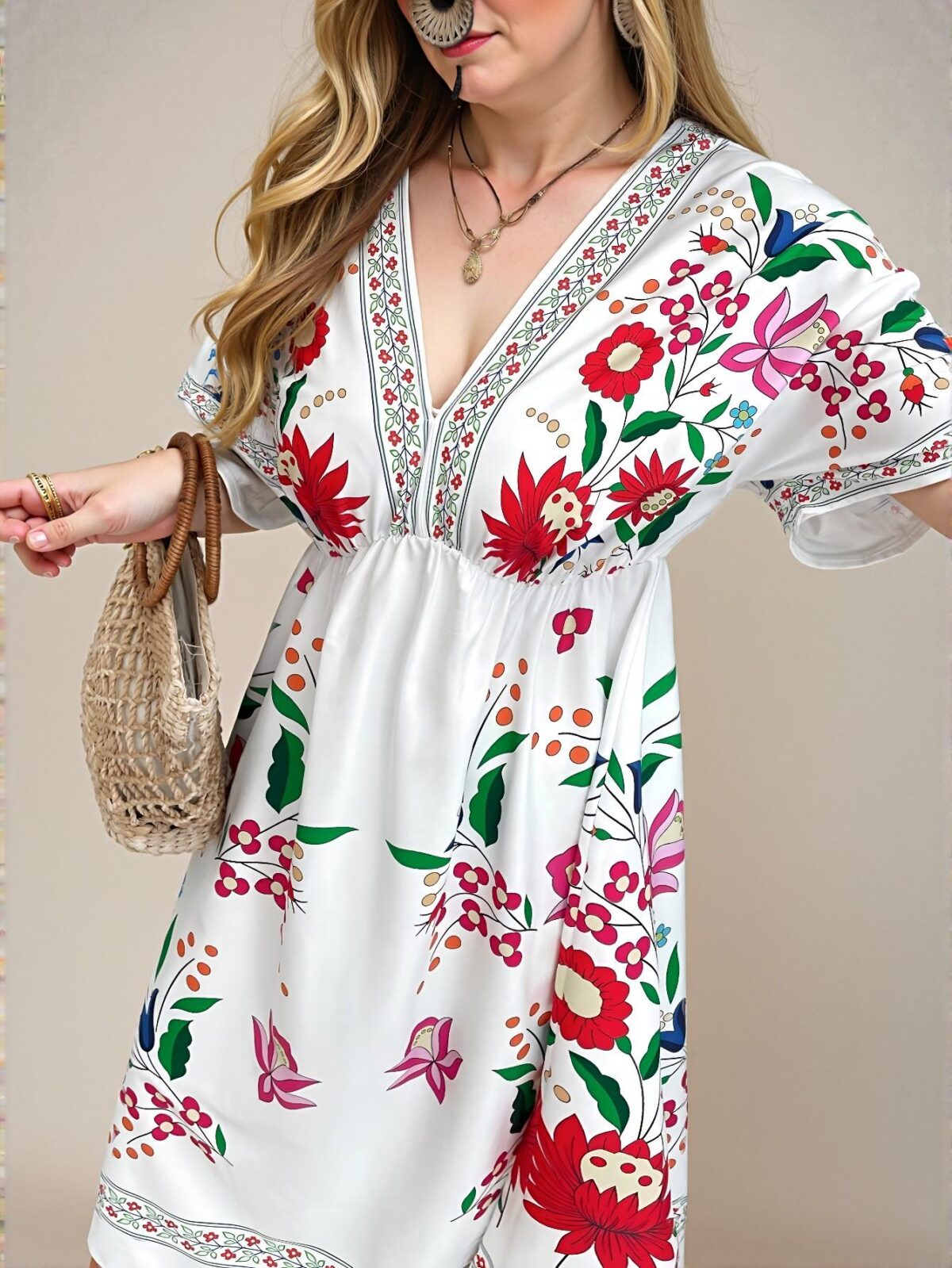 Elegant White Floral Printed Long Dress, Romantic Bohemian Style for Beach Vacations, Holidays, and City Breaks - Chic, Classy and Trendy Fashion Style to Dress to Impress - Image 4