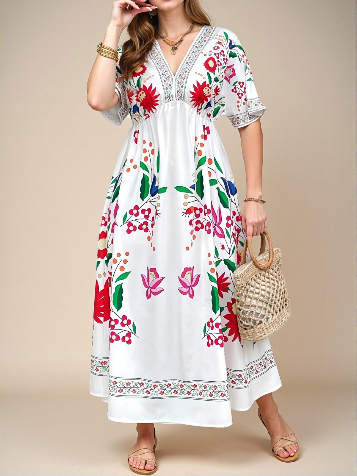Elegant White Floral Printed Long Dress, Romantic Bohemian Style for Beach Vacations, Holidays, and City Breaks - Chic, Classy and Trendy Fashion Style to Dress to Impress - Image 5