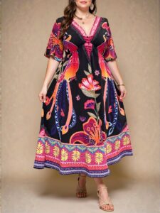 Elegant Multicolor Bohemian Floral Print V-Neck A-Line Casual Long Dress for Beach and Holiday Outfits - Chic, Classy, and Trendy Fashion Style to Dress to Impress