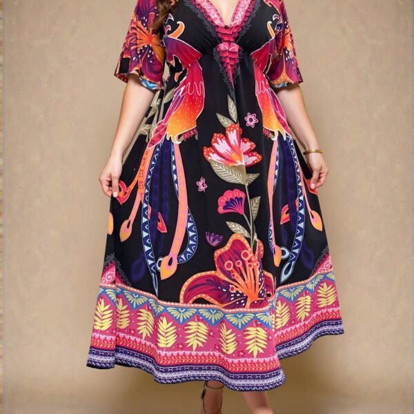 Elegant Multicolor Bohemian Floral Print V-Neck A-Line Casual Long Dress for Beach and Holiday Outfits - Chic, Classy, and Trendy Fashion Style to Dress to Impress