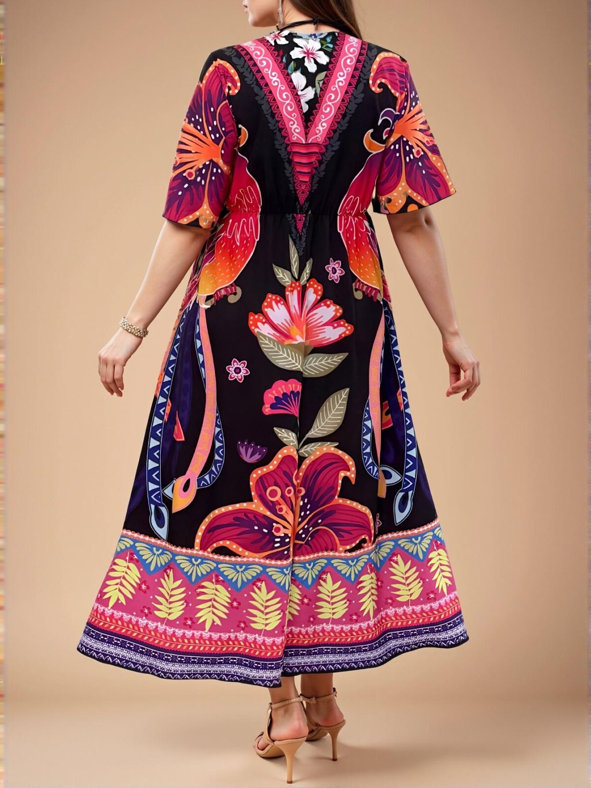 Elegant Multicolor Bohemian Floral Print V-Neck A-Line Casual Long Dress for Beach and Holiday Outfits - Chic, Classy, and Trendy Fashion Style to Dress to Impress - Image 2