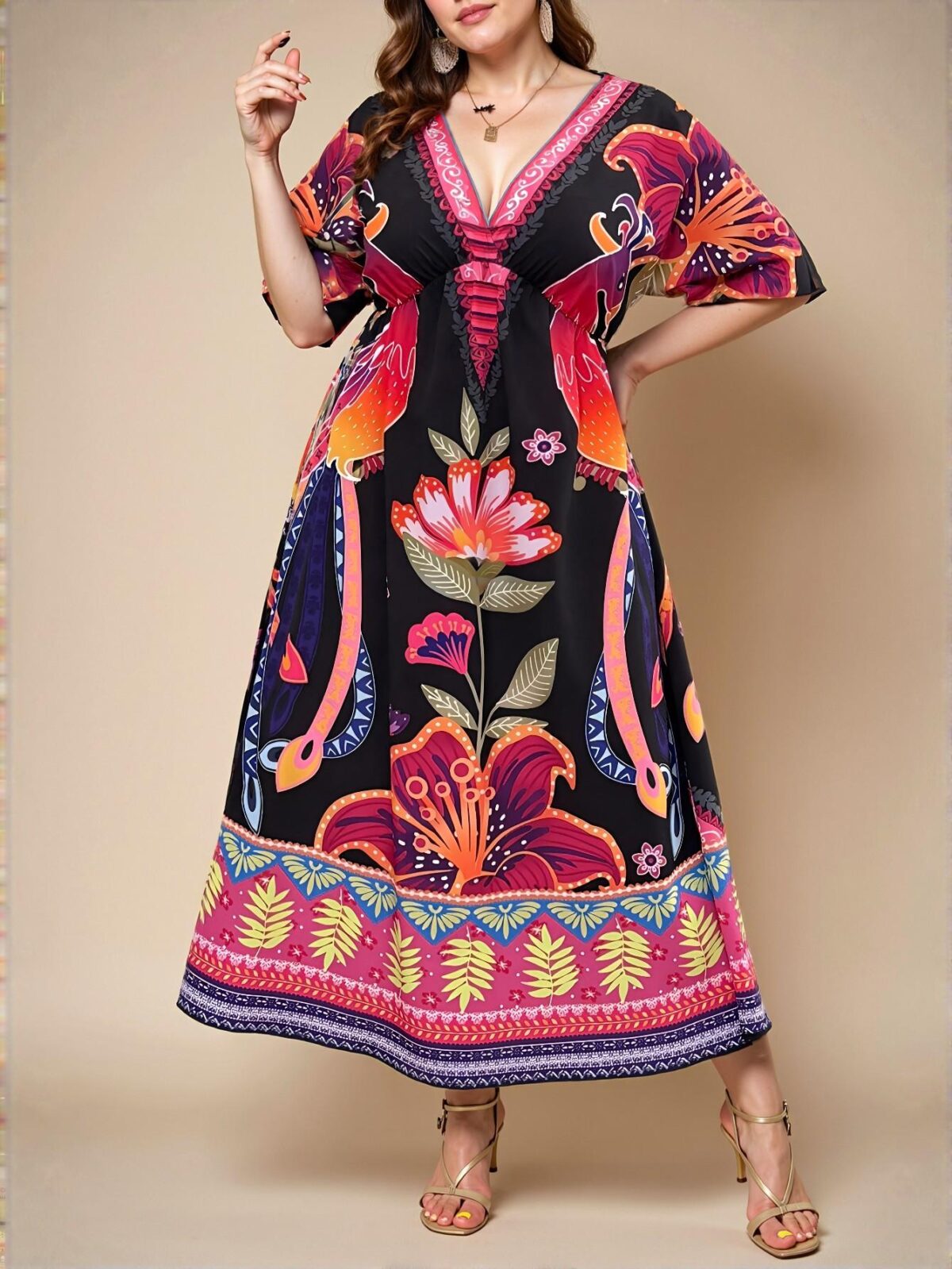 Elegant Multicolor Bohemian Floral Print V-Neck A-Line Casual Long Dress for Beach and Holiday Outfits - Chic, Classy, and Trendy Fashion Style to Dress to Impress - Image 3
