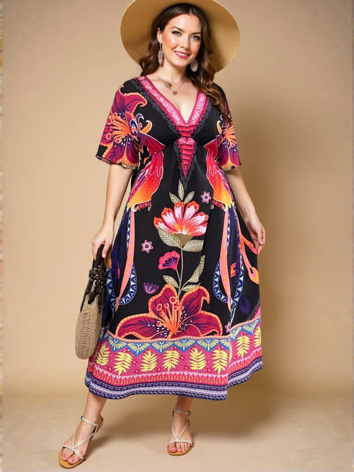 Elegant Multicolor Bohemian Floral Print V-Neck A-Line Casual Long Dress for Beach and Holiday Outfits - Chic, Classy, and Trendy Fashion Style to Dress to Impress - Image 4