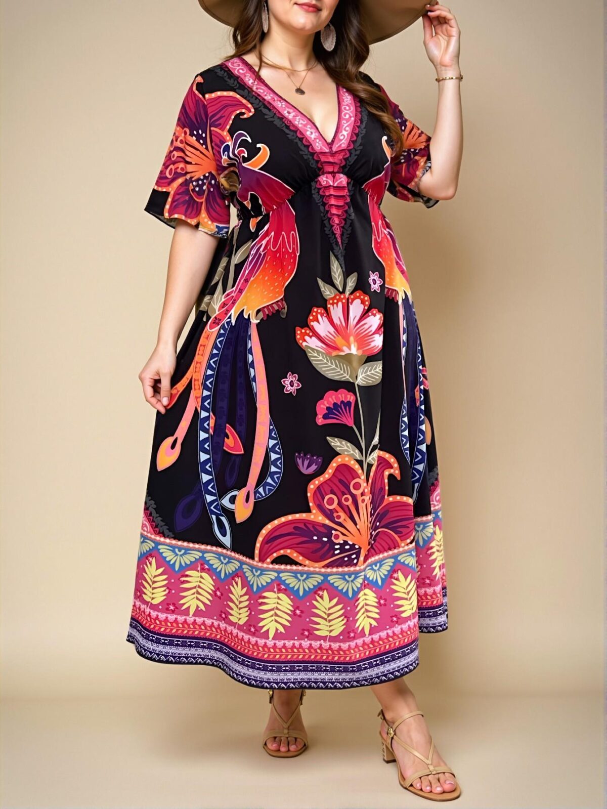 Elegant Multicolor Bohemian Floral Print V-Neck A-Line Casual Long Dress for Beach and Holiday Outfits - Chic, Classy, and Trendy Fashion Style to Dress to Impress - Image 5