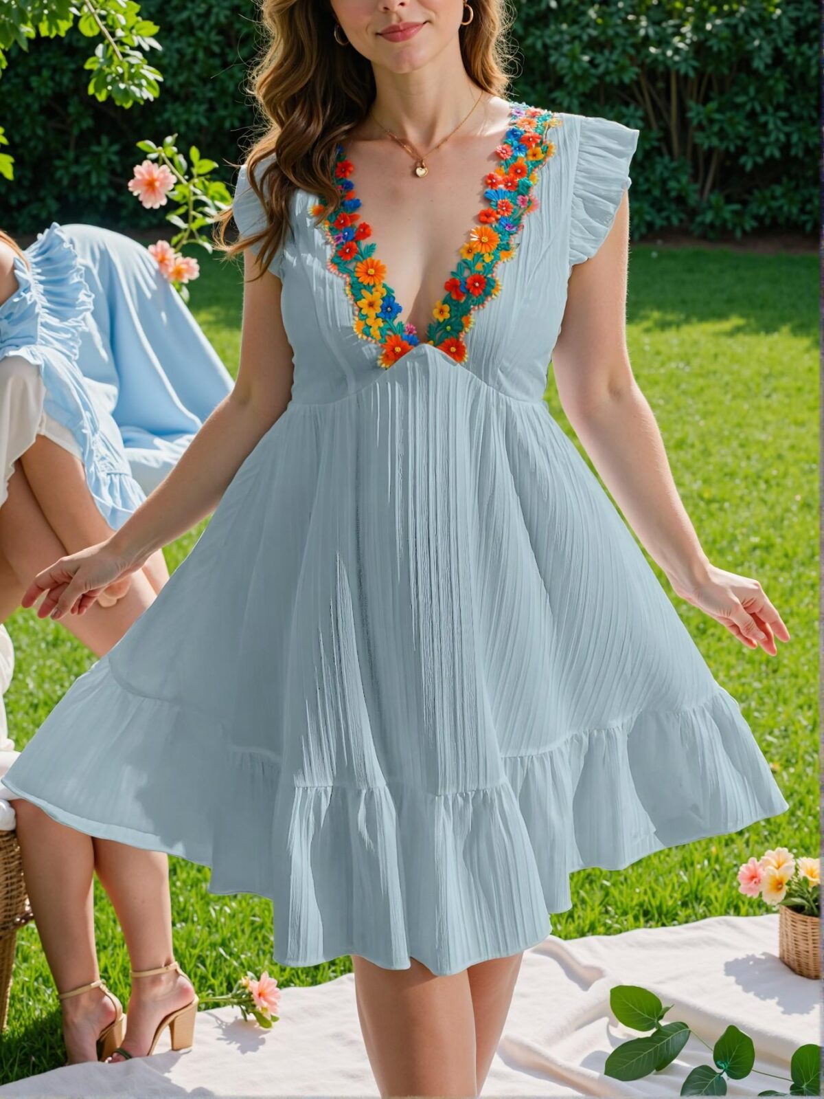 Elegant Baby Blue Flounce Sleeve A-Line Dress with Textured Embroidery for a Chic, Classy, and Trendy Fashion Statement to Dress to Impress