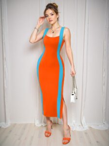 Elegant Multicolor Chic Midi Slip Dress with Black and White Colorblock Design for Spring and Summer – Chic, Classy and Trendy Fashion Style to Dress to Impress
