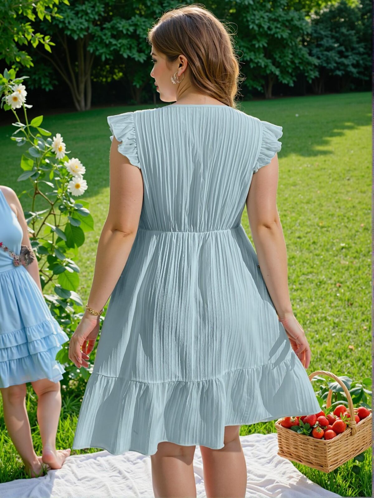 Elegant Baby Blue Flounce Sleeve A-Line Dress with Textured Embroidery for a Chic, Classy, and Trendy Fashion Statement to Dress to Impress - Image 2