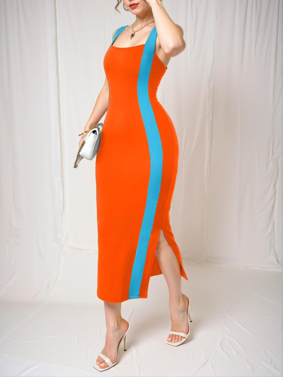 Elegant Multicolor Chic Midi Slip Dress with Black and White Colorblock Design for Spring and Summer – Chic, Classy and Trendy Fashion Style to Dress to Impress - Image 4