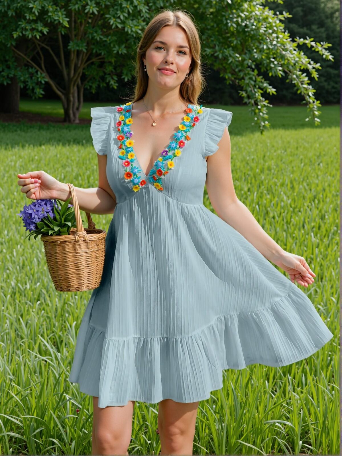 Elegant Baby Blue Flounce Sleeve A-Line Dress with Textured Embroidery for a Chic, Classy, and Trendy Fashion Statement to Dress to Impress - Image 5