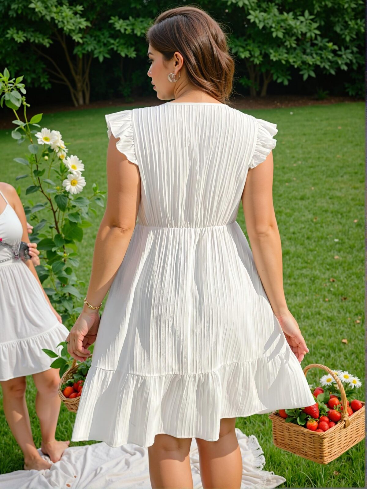 Elegant White Flounce-Sleeve A-Line Dress with Embroidered Trim for a Chic, Classy and Trendy Fashion Style to Dress to Impress - Image 2