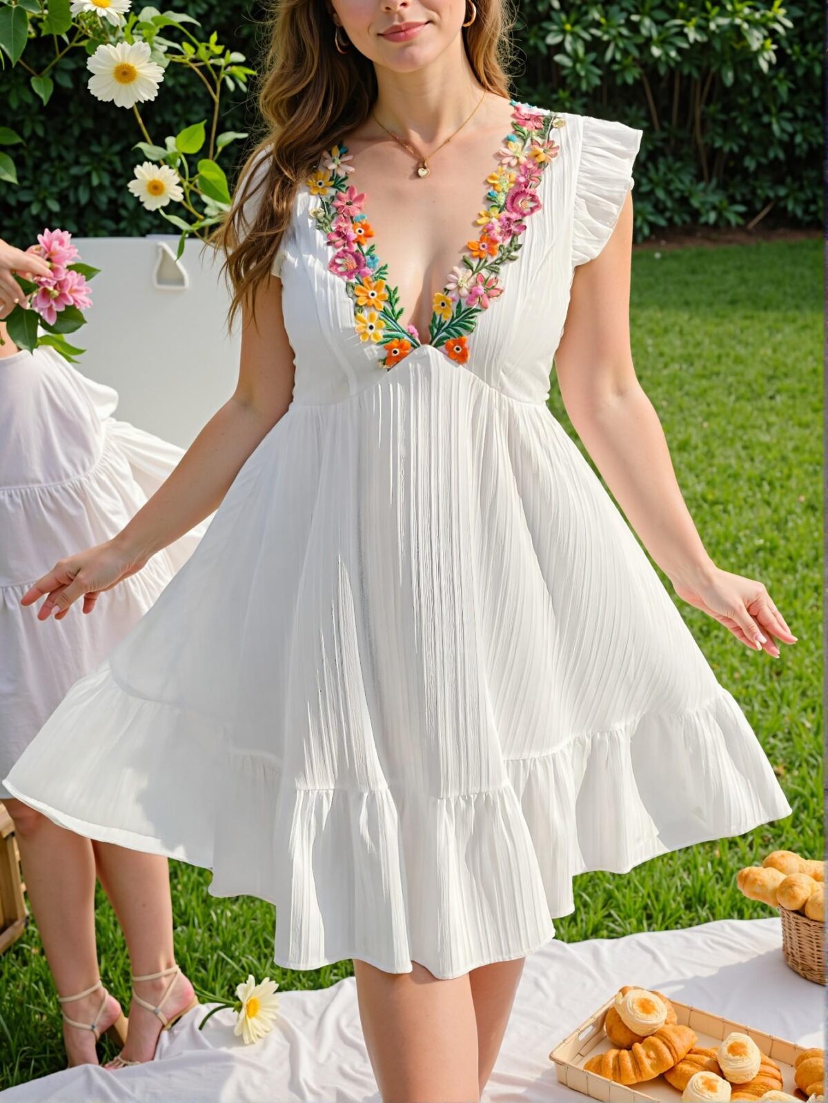 Elegant White Flounce-Sleeve A-Line Dress with Embroidered Trim for a Chic, Classy and Trendy Fashion Style to Dress to Impress - Image 3