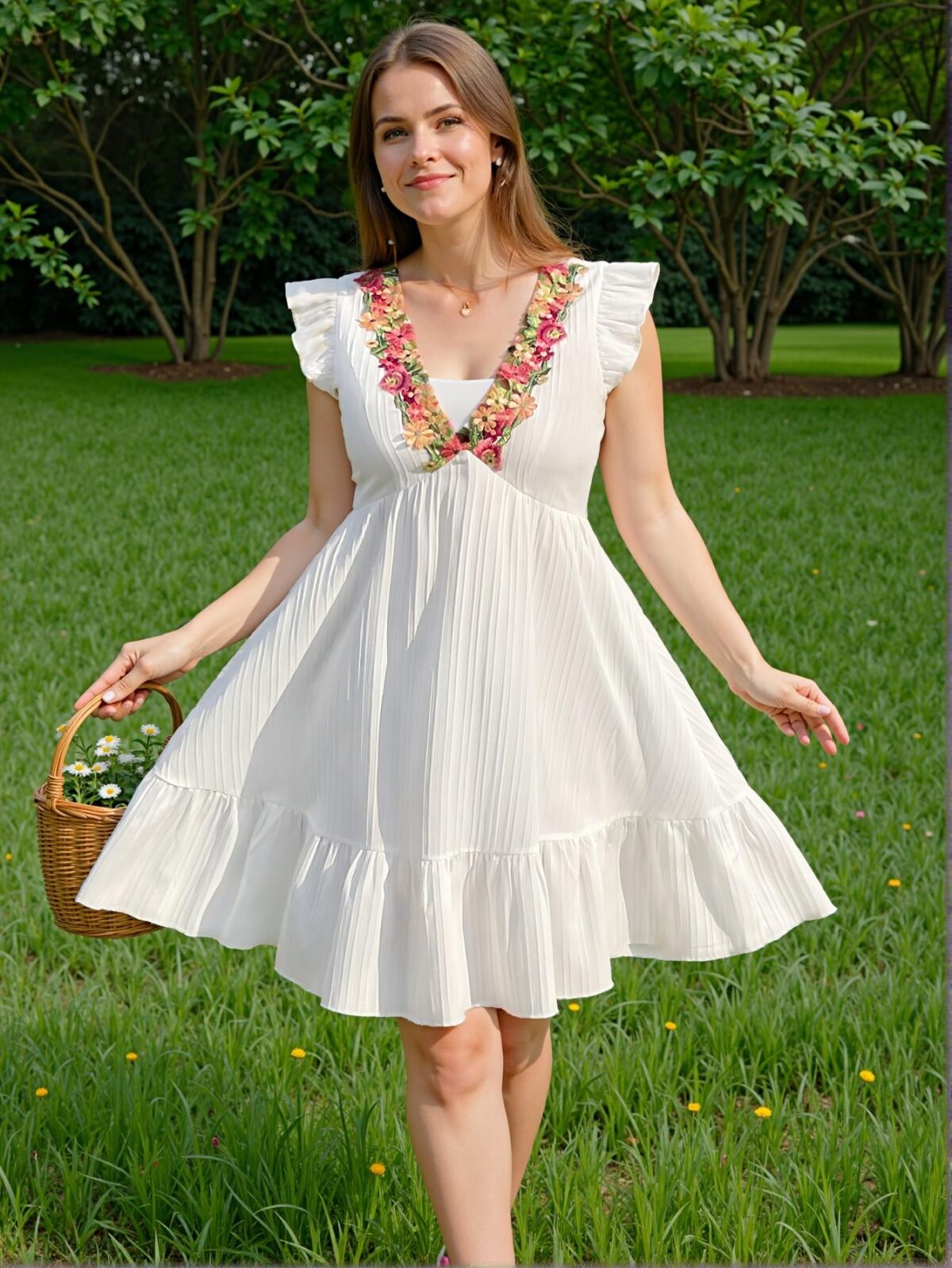 Elegant White Flounce-Sleeve A-Line Dress with Embroidered Trim for a Chic, Classy and Trendy Fashion Style to Dress to Impress - Image 4