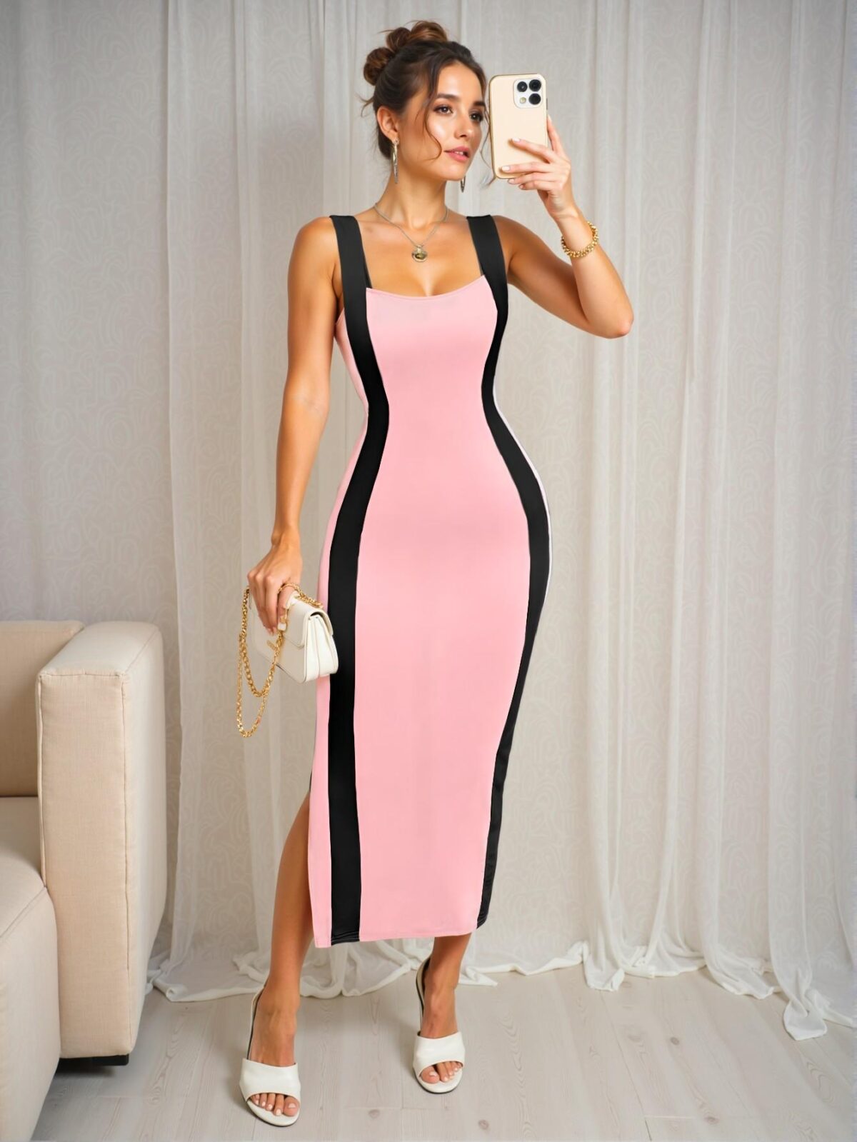 Elegant Pink Stylish Midi Dress with Colorblock Design for Spring and Summer - Chic, Classy and Trendy Fashion Style to Dress to Impress - Image 4