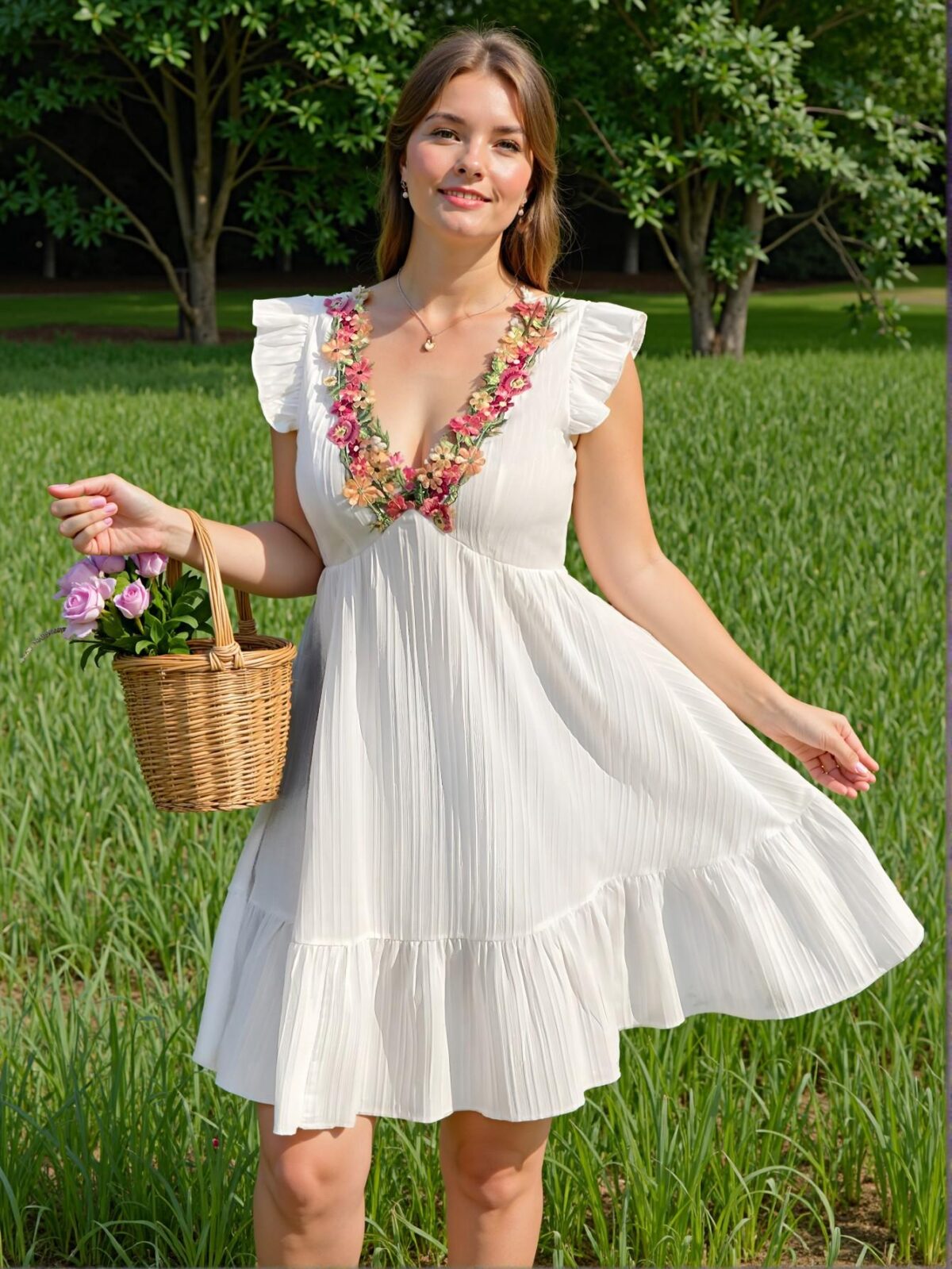 Elegant White Flounce-Sleeve A-Line Dress with Embroidered Trim for a Chic, Classy and Trendy Fashion Style to Dress to Impress - Image 5
