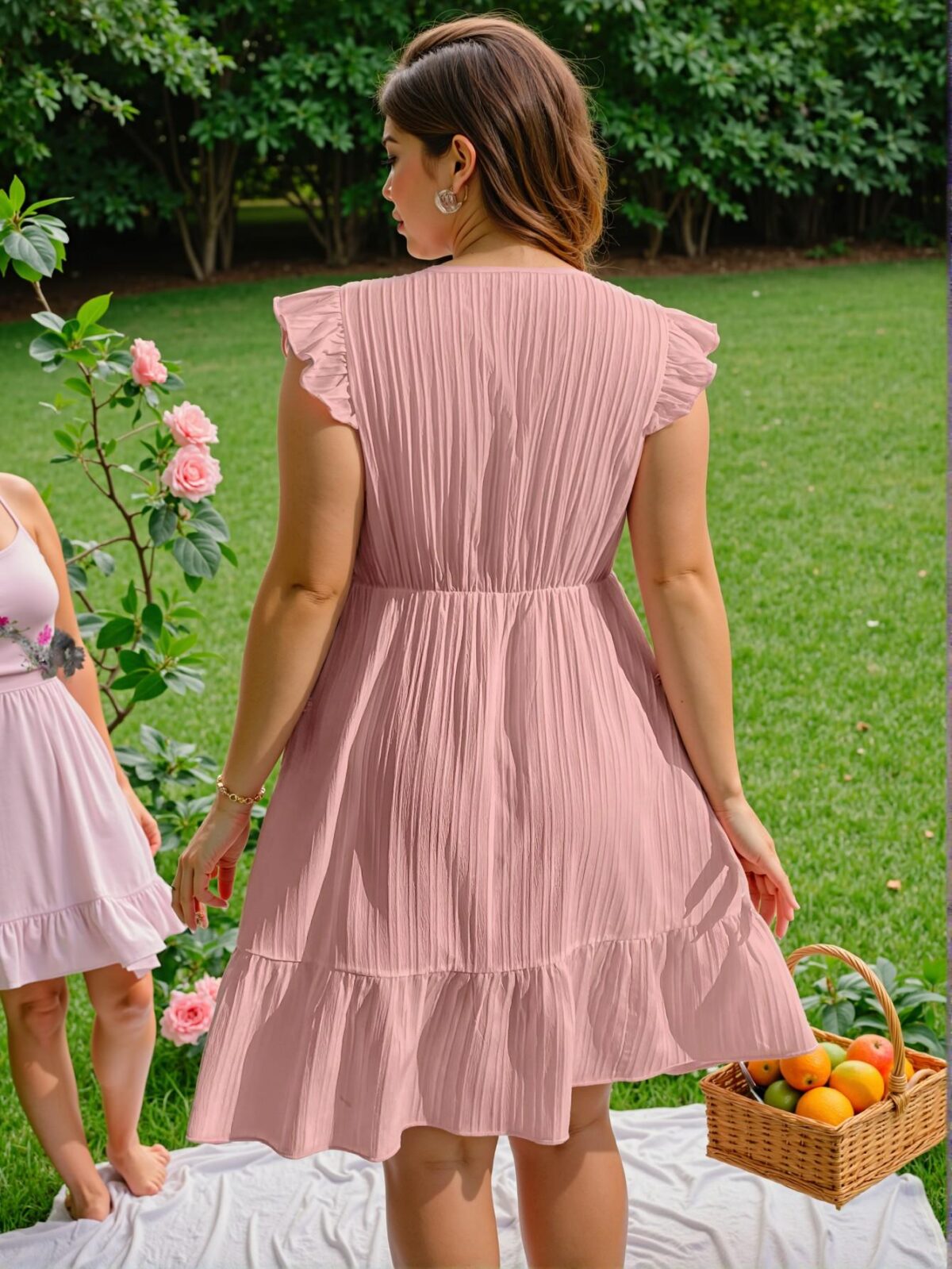 Elegant Pink Flounce Sleeve Embroidered Trim Textured A-Line Dress for Holiday Casual Wear - Chic, Classy and Trendy Fashion Style to Dress to Impress - Image 2