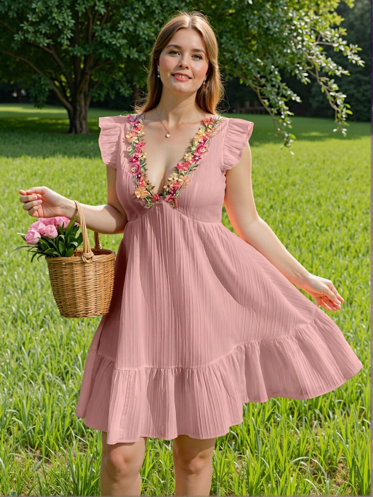 Elegant Pink Flounce Sleeve Embroidered Trim Textured A-Line Dress for Holiday Casual Wear - Chic, Classy and Trendy Fashion Style to Dress to Impress - Image 5