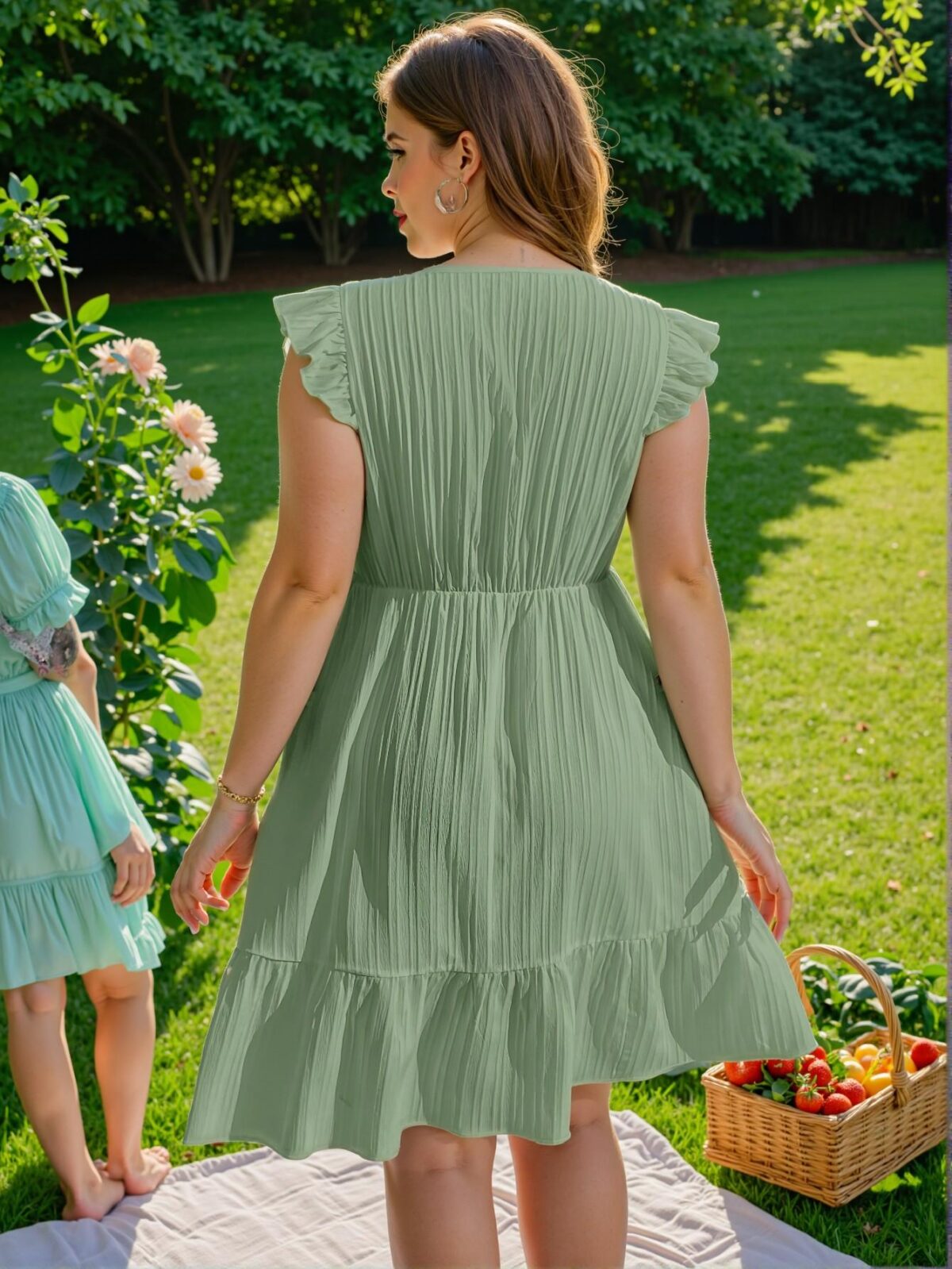 Elegant Green Flounce Sleeve A-Line Dress with Embroidered Trim for Vacation Getaways - Chic, Classy and Trendy Fashion Style to Dress to Impress - Image 2