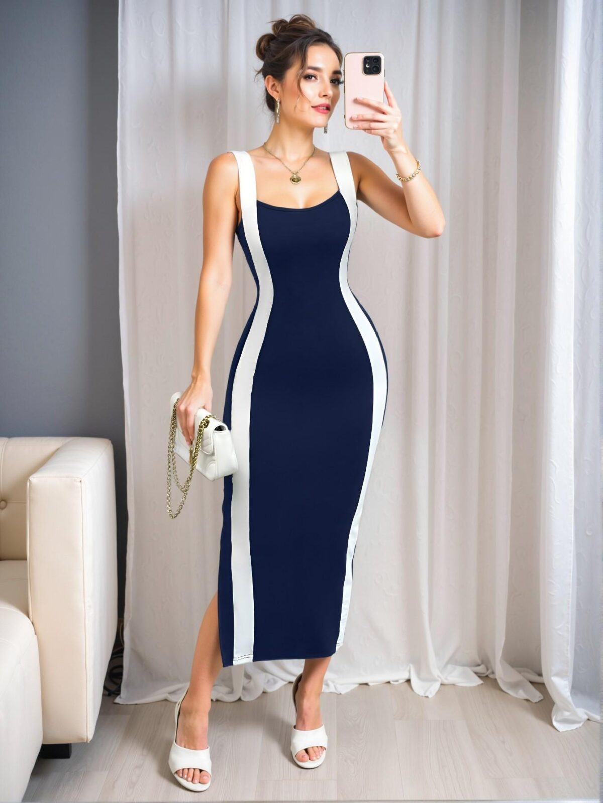 Elegant Blue and White Patchwork Mid-Length Slip Dress for Spring and Summer - Chic, Classy and Trendy Fashion Style to Dress to Impress - Image 3