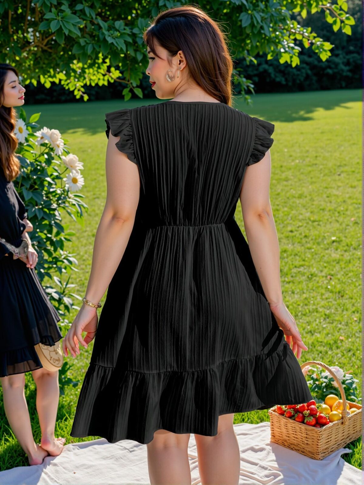 Elegant Black Floral Embroidered Flounce Sleeve A-Line Dress Chic, Classy and Trendy Fashion Style to Dress to Impress - Image 2