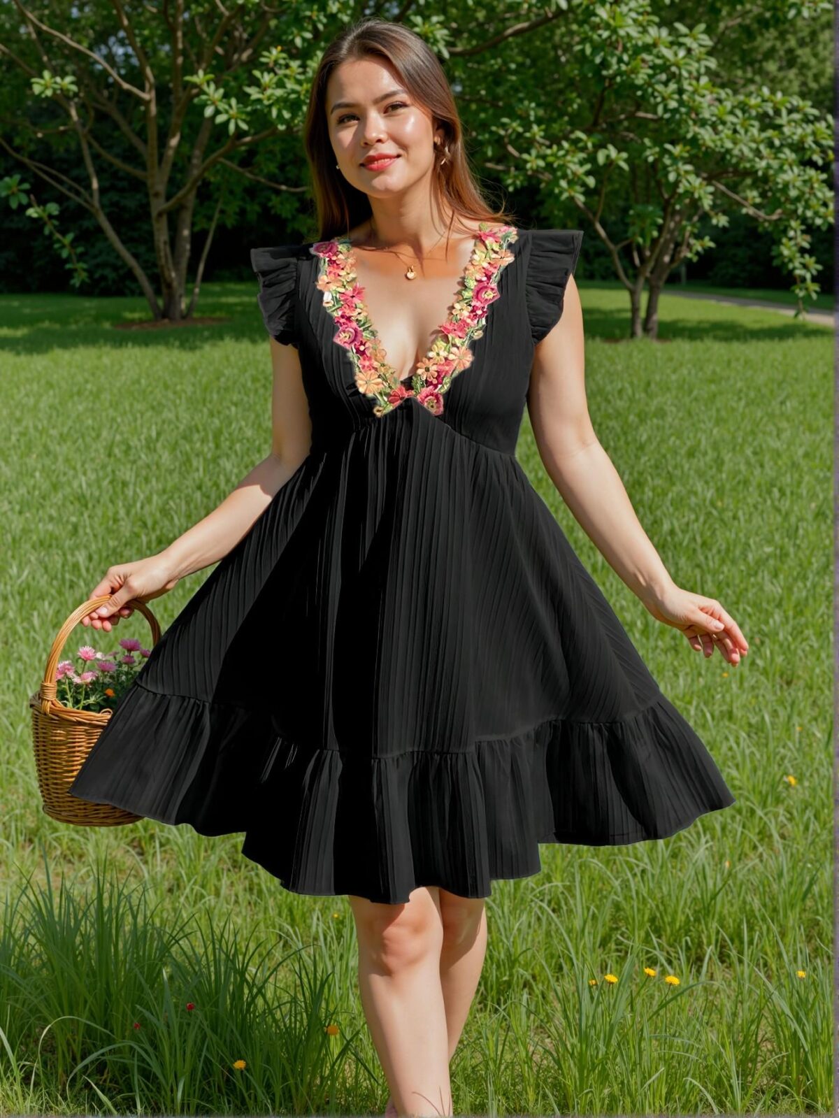 Elegant Black Floral Embroidered Flounce Sleeve A-Line Dress Chic, Classy and Trendy Fashion Style to Dress to Impress - Image 3