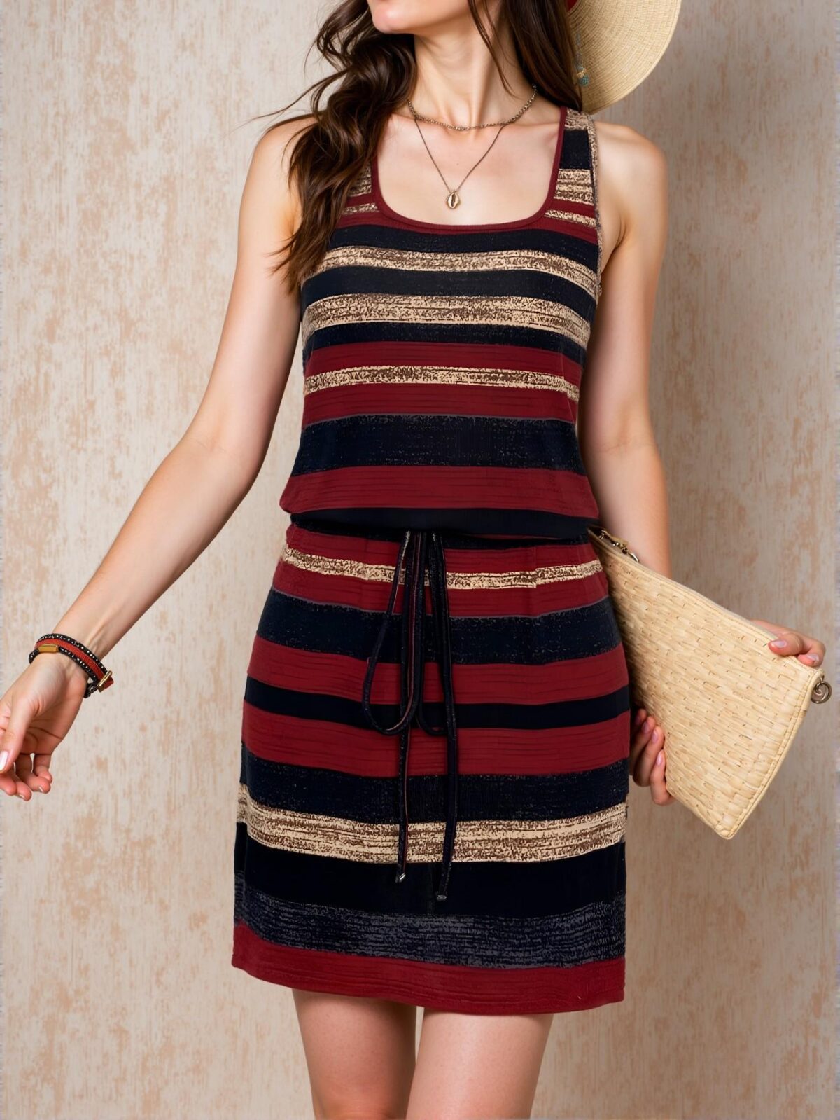 Elegant Red Stylish U-Neck Cinched Waist Colorful Stripe Sleeveless Casual Dress for Spring and Summer - Chic, Classy and Trendy Fashion Style to Dress to Impress - Image 4
