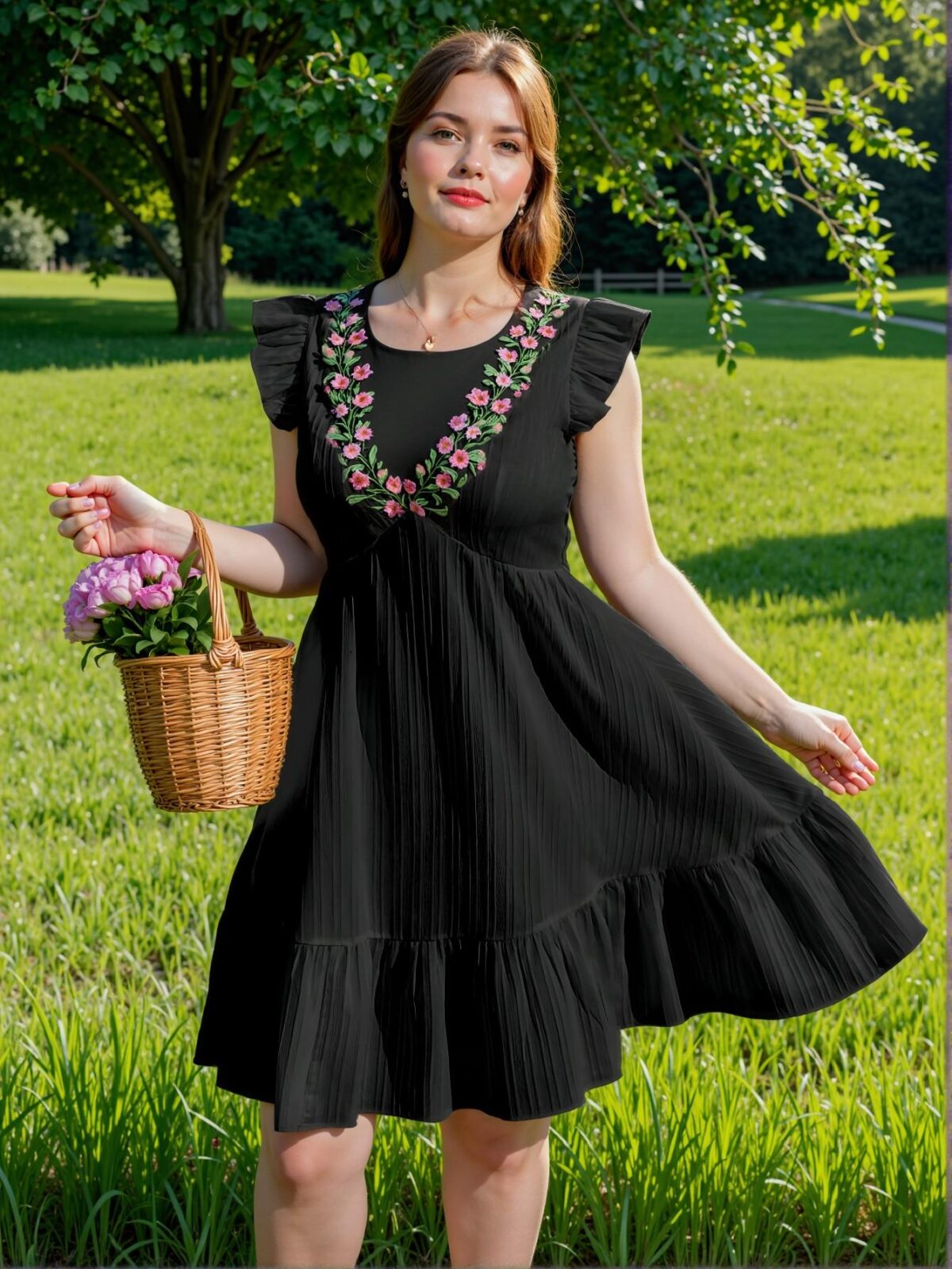 Elegant Black Floral Embroidered Flounce Sleeve A-Line Dress Chic, Classy and Trendy Fashion Style to Dress to Impress - Image 5