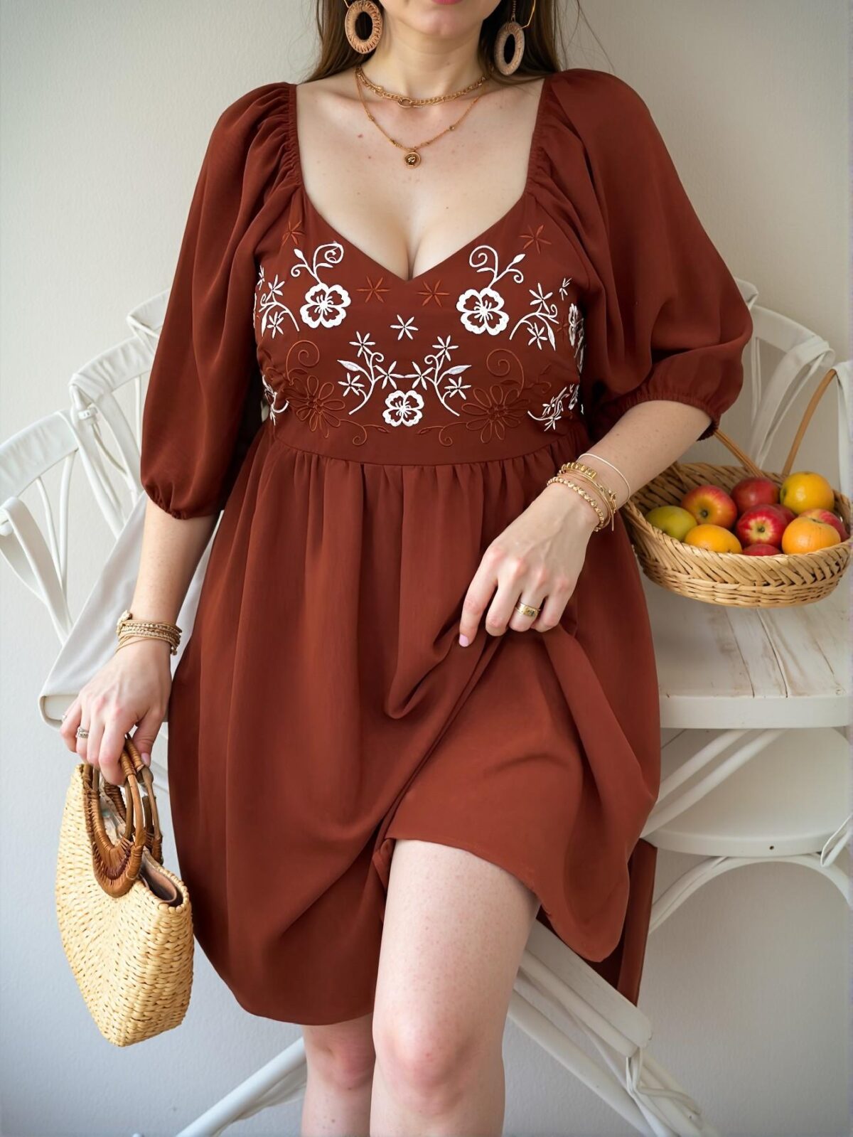 Elegant Brown Boho Embroidered A-Line Mini Dress with Sweetheart Neck and Cinched Waist for Casual Outings, Mothers Day Gifts, and Concerts - Chic, Classy and Trendy Fashion Style to Dress to Impress