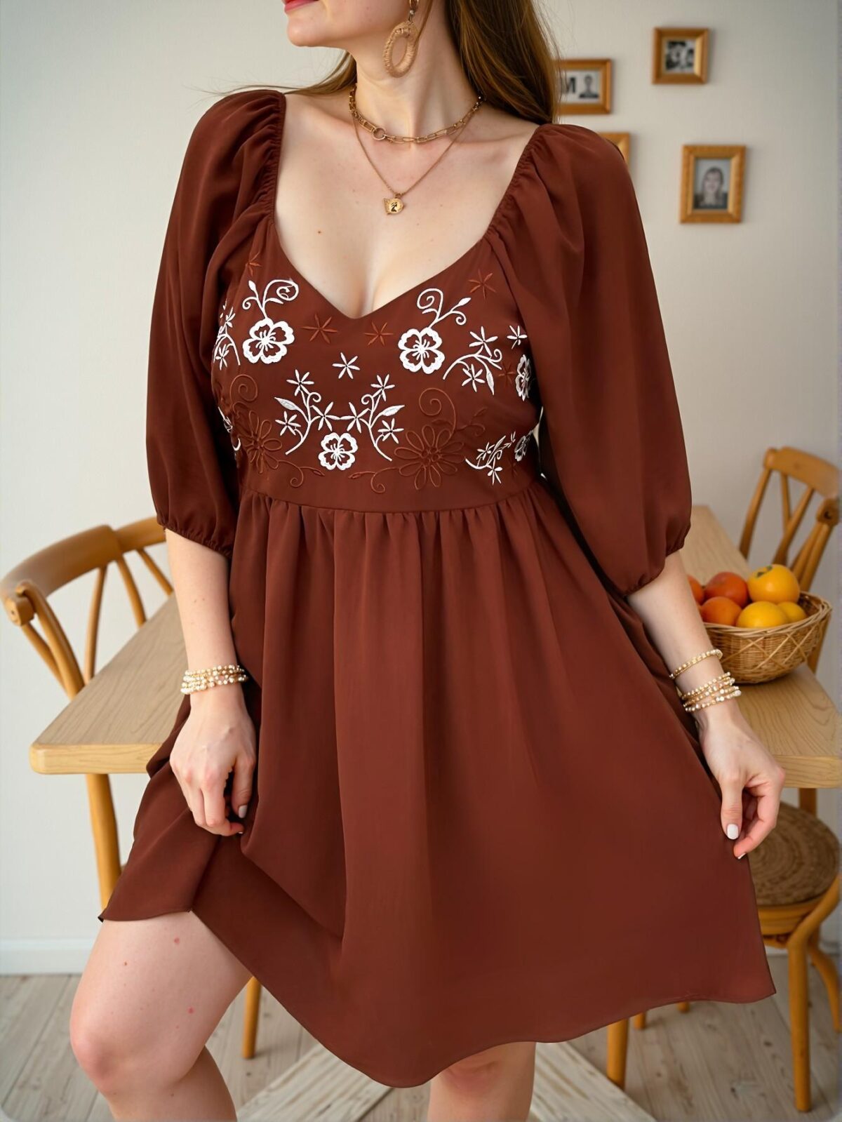 Elegant Brown Boho Embroidered A-Line Mini Dress with Sweetheart Neck and Cinched Waist for Casual Outings, Mothers Day Gifts, and Concerts - Chic, Classy and Trendy Fashion Style to Dress to Impress - Image 4