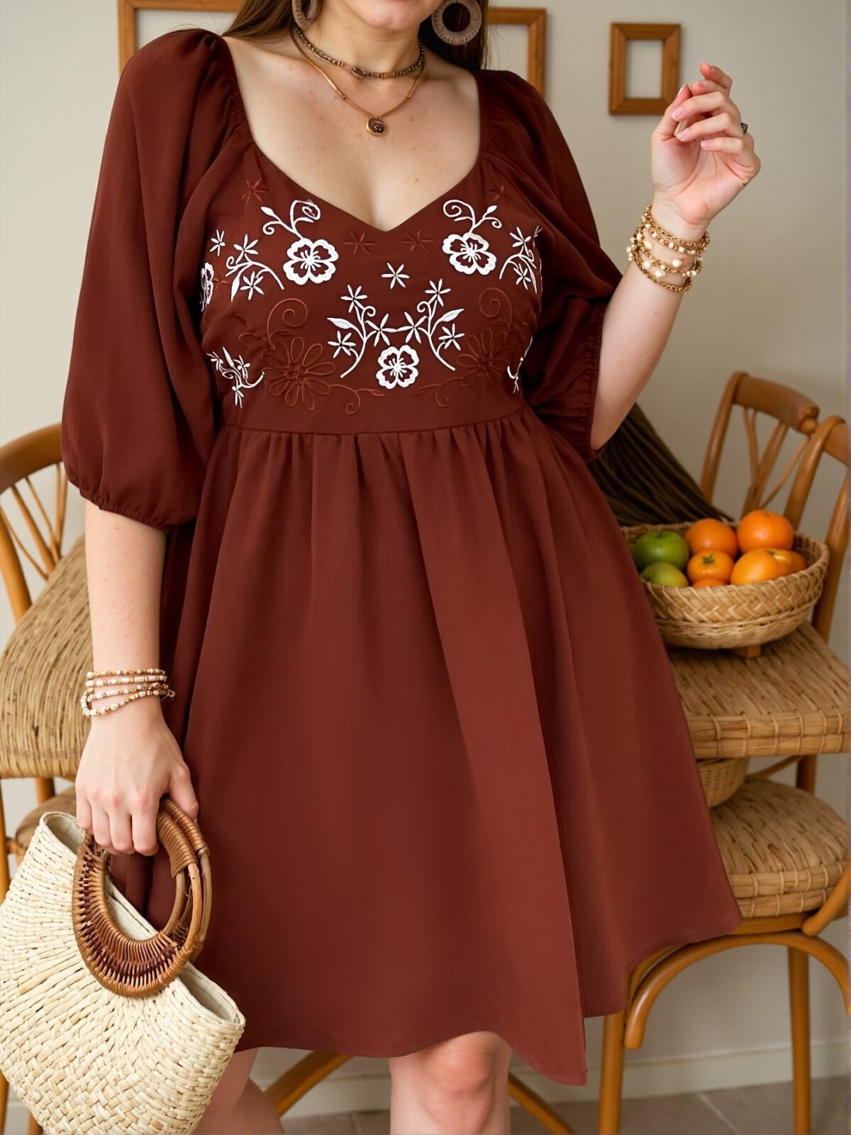Elegant Brown Boho Embroidered A-Line Mini Dress with Sweetheart Neck and Cinched Waist for Casual Outings, Mothers Day Gifts, and Concerts - Chic, Classy and Trendy Fashion Style to Dress to Impress - Image 5