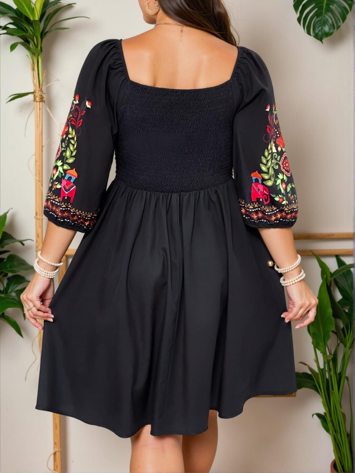 Elegant Black Retro Floral and Animal Print A-Line Mini Dress for Casual Boho Vacations and Holidays – Chic, Classy, and Trendy Fashion Style to Dress to Impress - Image 2