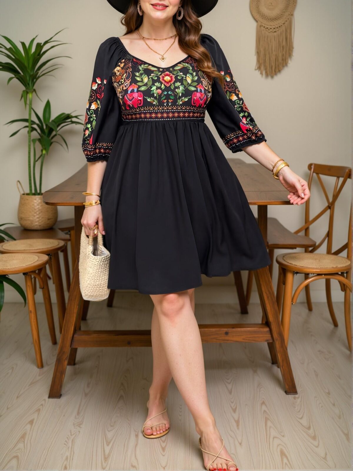 Elegant Black Retro Floral and Animal Print A-Line Mini Dress for Casual Boho Vacations and Holidays – Chic, Classy, and Trendy Fashion Style to Dress to Impress - Image 3