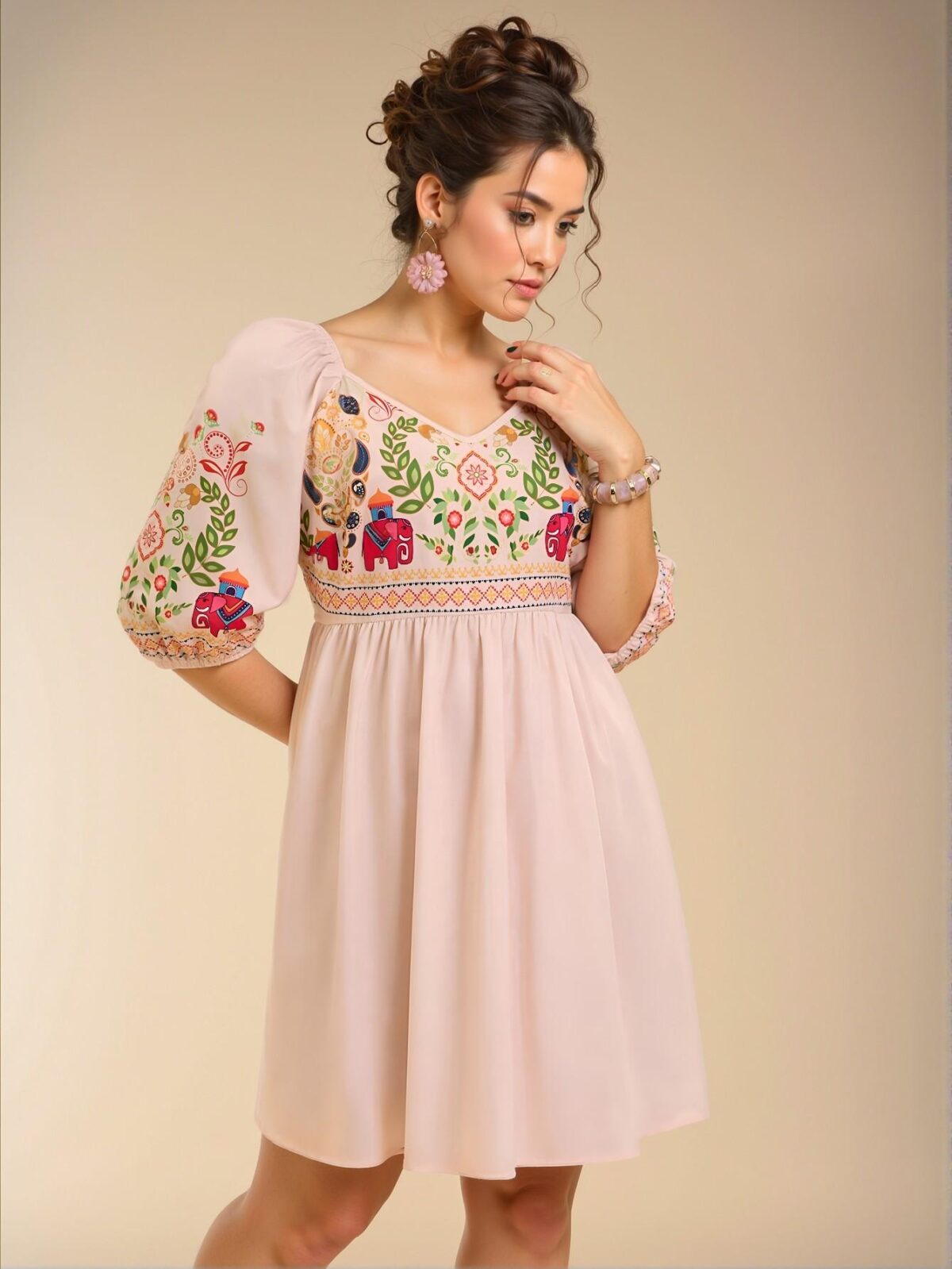 Elegant Apricot Charming A-Line Short Bohemian Casual Dress with Tropical Animal & Floral Print and Drawstring Waist, Chic, Classy and Trendy Fashion Style to Dress to Impress