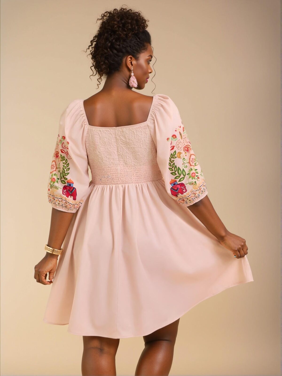 Elegant Apricot Charming A-Line Short Bohemian Casual Dress with Tropical Animal & Floral Print and Drawstring Waist, Chic, Classy and Trendy Fashion Style to Dress to Impress - Image 2