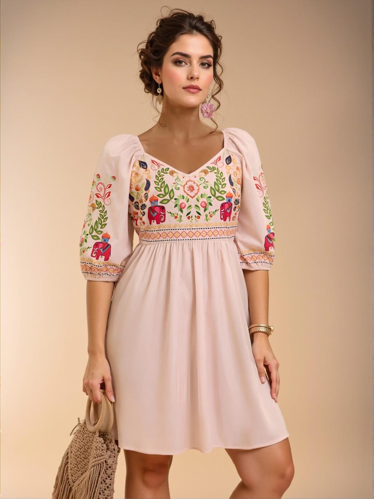 Elegant Apricot Charming A-Line Short Bohemian Casual Dress with Tropical Animal & Floral Print and Drawstring Waist, Chic, Classy and Trendy Fashion Style to Dress to Impress - Image 3