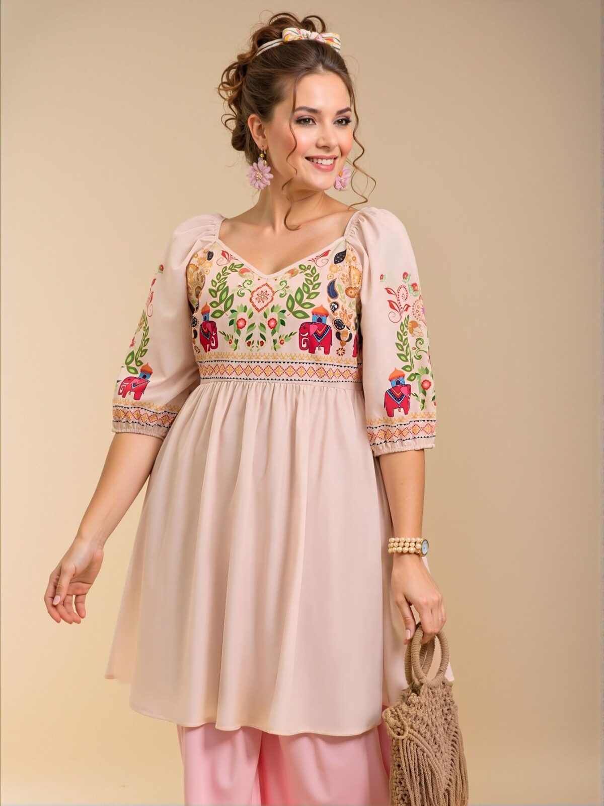 Elegant Apricot Charming A-Line Short Bohemian Casual Dress with Tropical Animal & Floral Print and Drawstring Waist, Chic, Classy and Trendy Fashion Style to Dress to Impress - Image 4