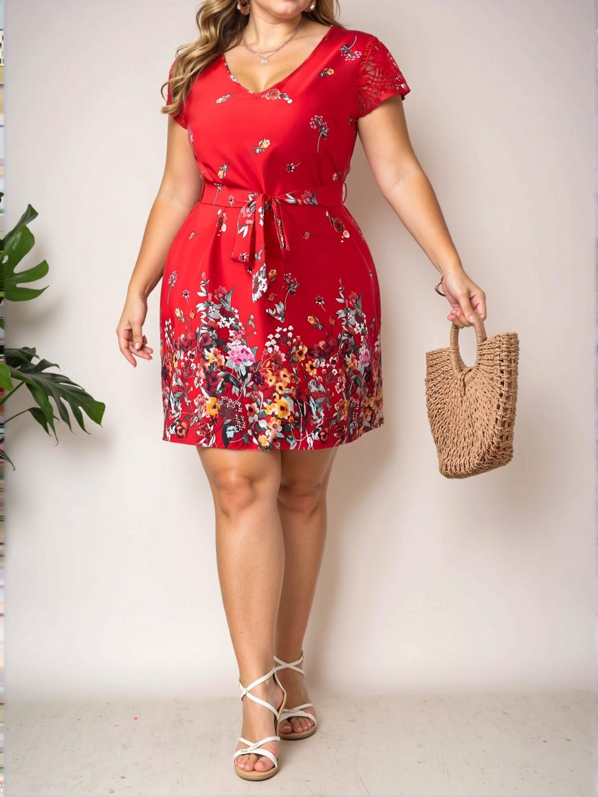 Elegant Red Floral Print Contrast Lace Belted Dress Chic, Classy and Trendy Fashion Style to Dress to Impress