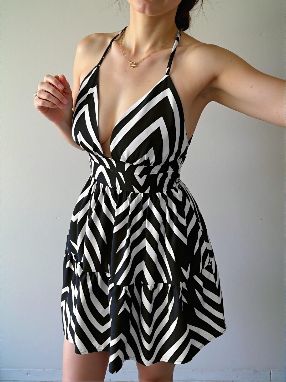 Elegant Black and White Bohemian Backless Spaghetti Strap Vacation Midi Dress for Spring and Summer Chic, Classy and Trendy Fashion Style to Dress to Impress - Image 4