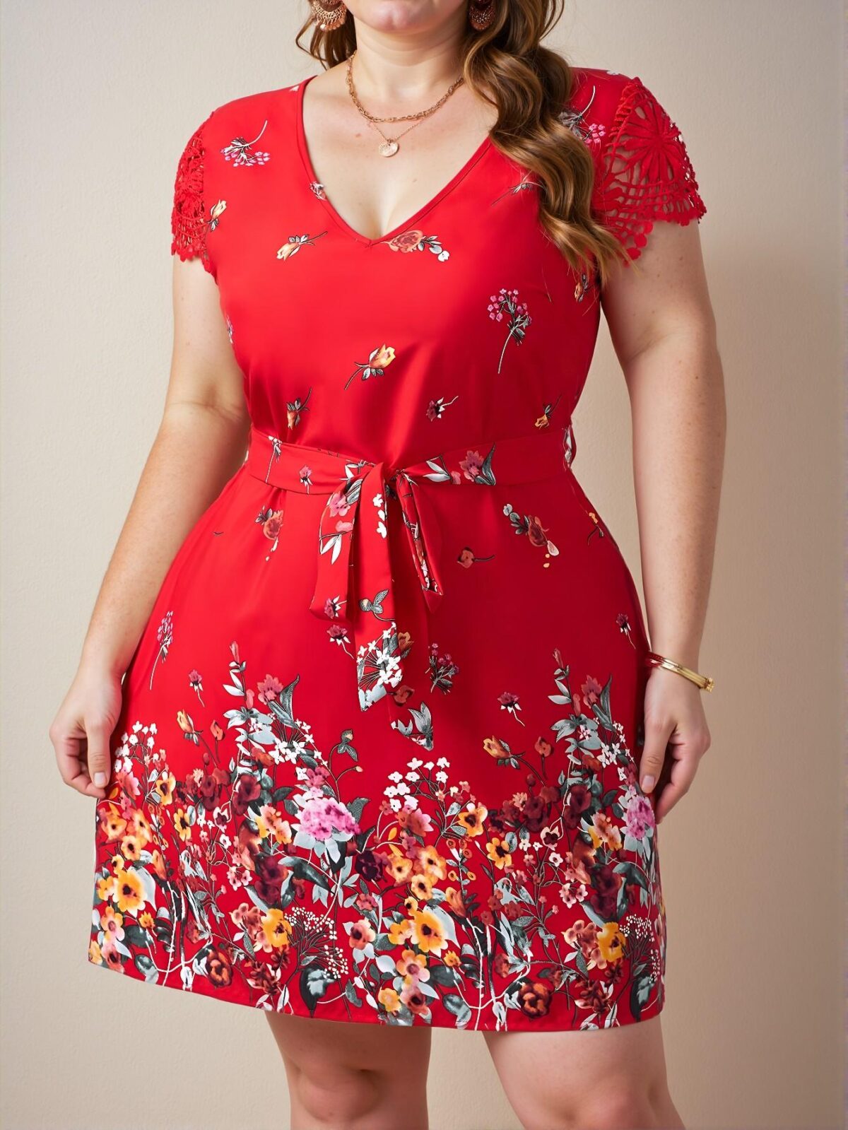Elegant Red Floral Print Contrast Lace Belted Dress Chic, Classy and Trendy Fashion Style to Dress to Impress - Image 2