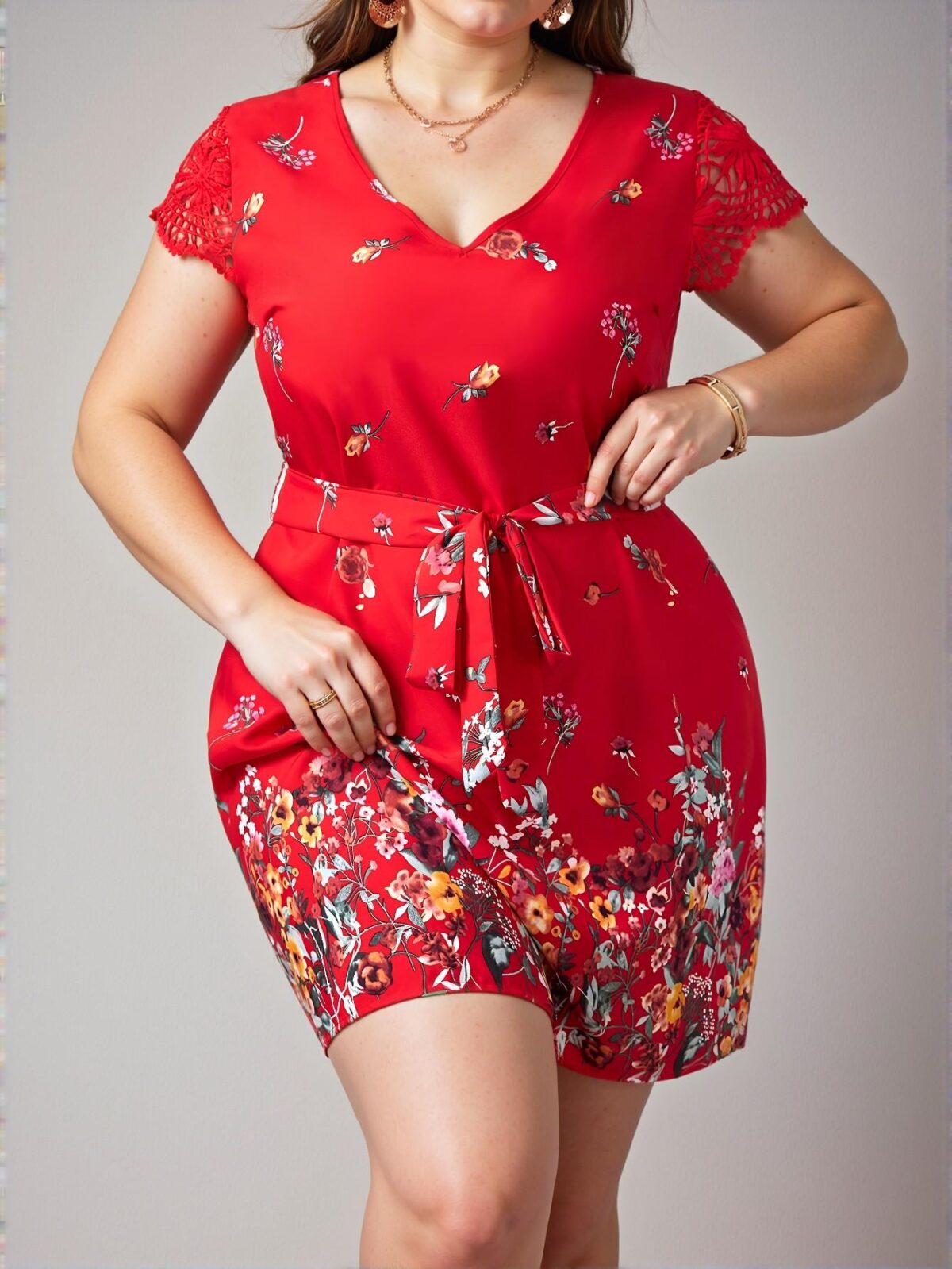 Elegant Red Floral Print Contrast Lace Belted Dress Chic, Classy and Trendy Fashion Style to Dress to Impress - Image 3