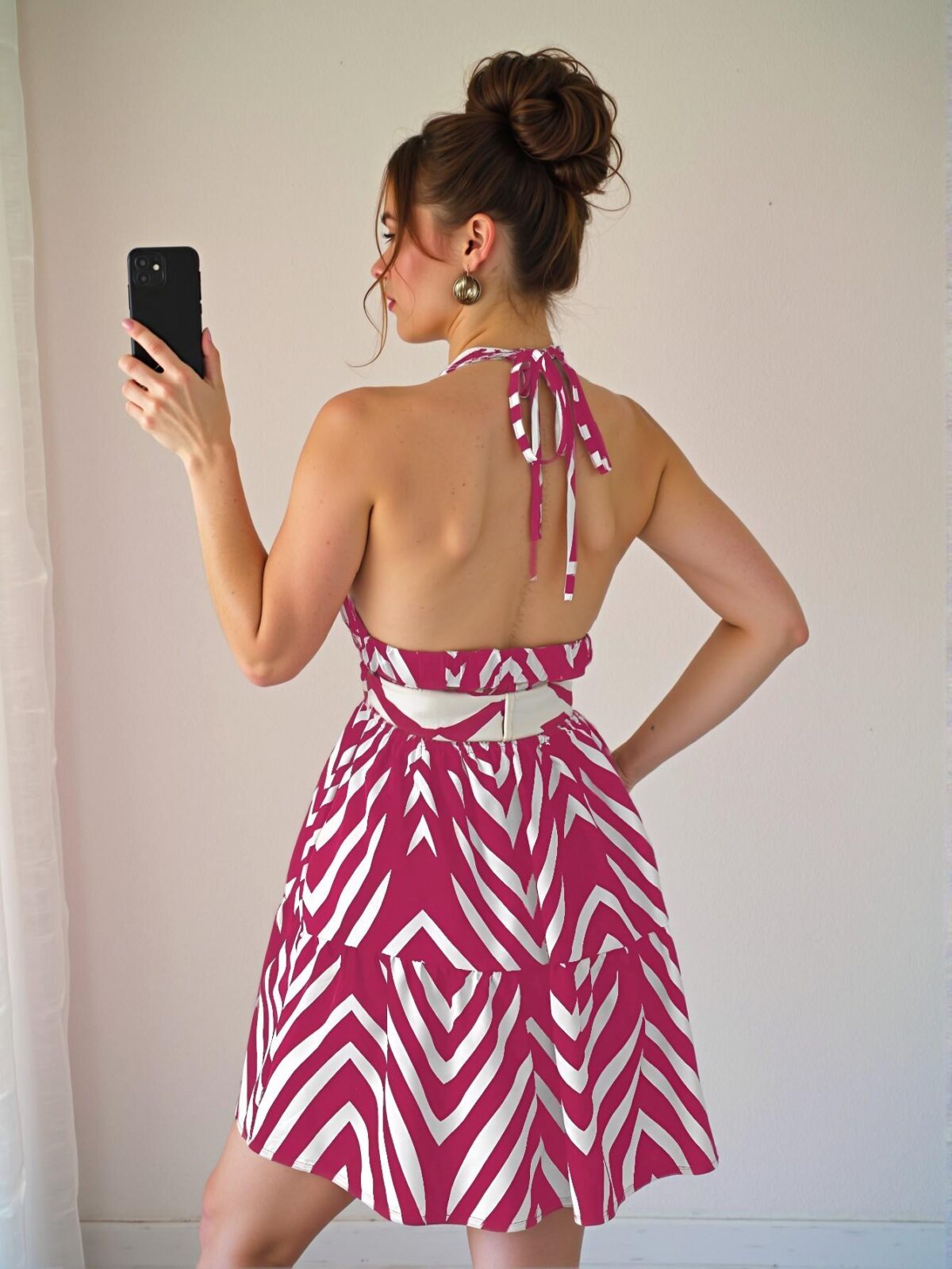 Elegant Hot Pink Bohemian Tie-Neck Backless Cami Dress with Ruffled Hem for Spring and Summer - Chic, Classy and Trendy Fashion Style to Dress to Impress - Image 2