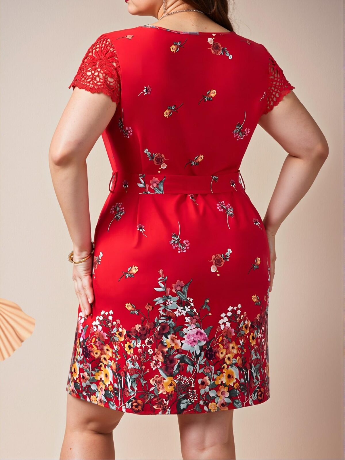 Elegant Red Floral Print Contrast Lace Belted Dress Chic, Classy and Trendy Fashion Style to Dress to Impress - Image 4