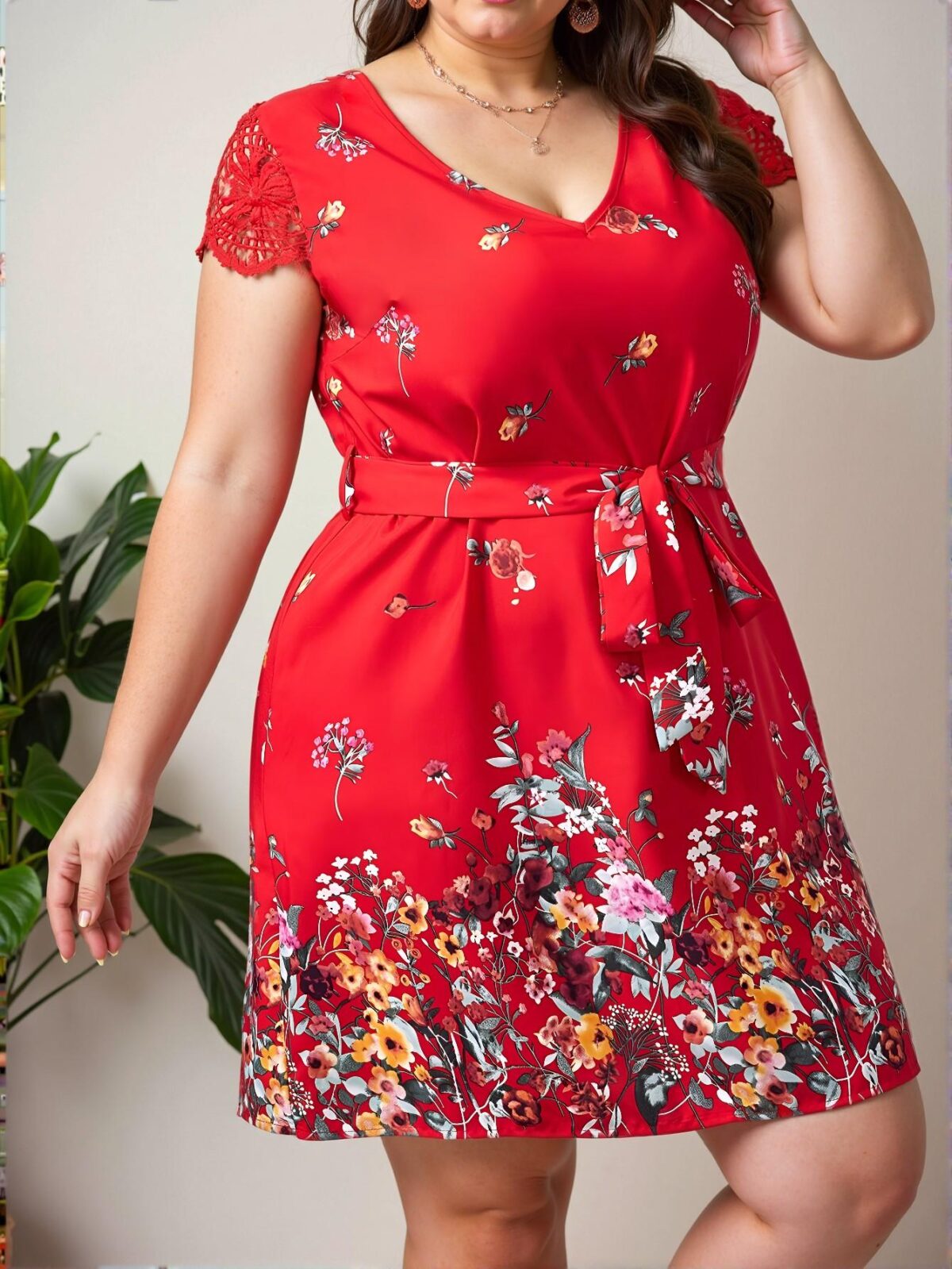 Elegant Red Floral Print Contrast Lace Belted Dress Chic, Classy and Trendy Fashion Style to Dress to Impress - Image 5
